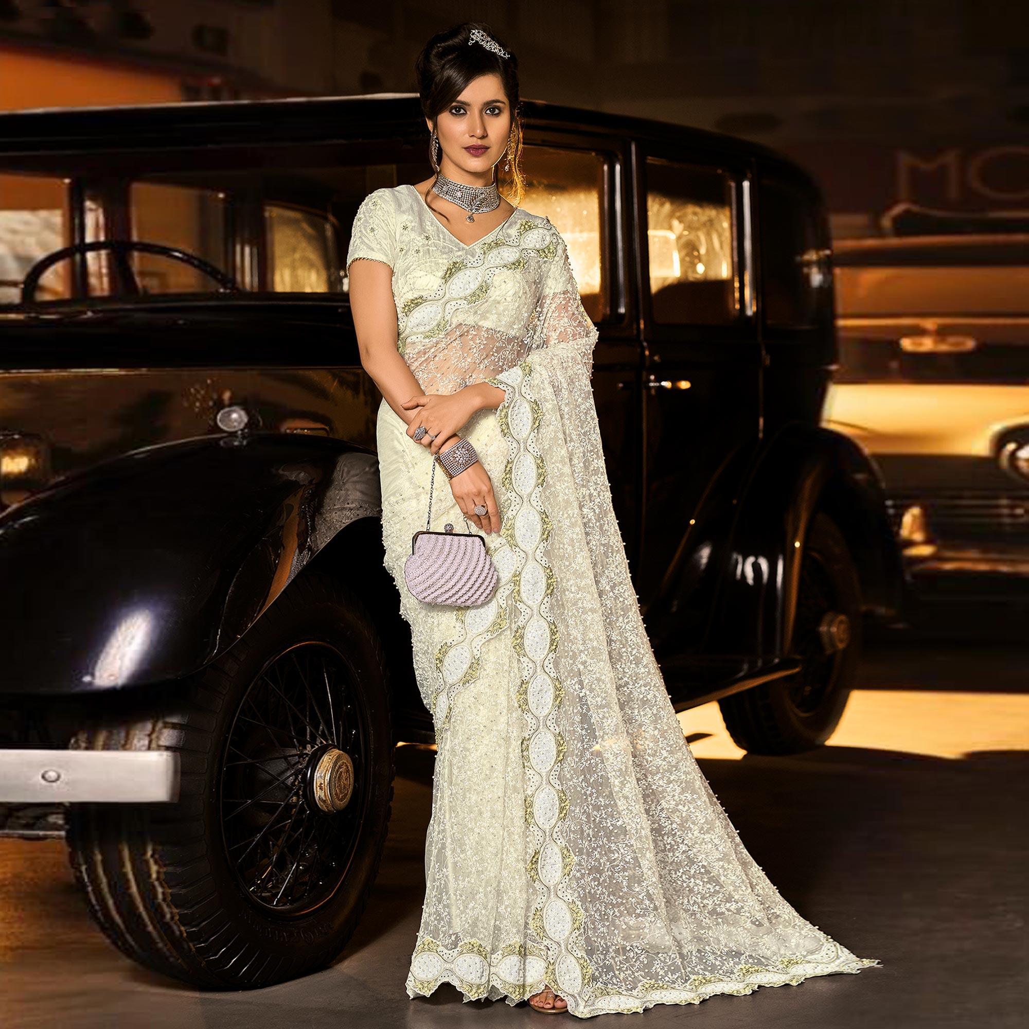 White Partywear Embroidered Embellished Net Saree - Peachmode