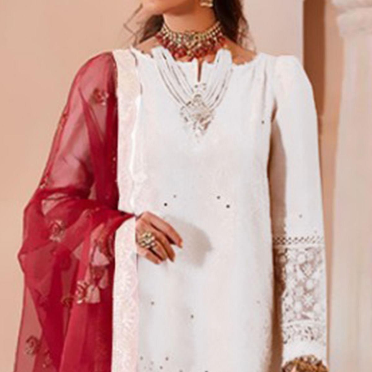 White Partywear Embroidered Heavy Georgette Pakistani Suit - Peachmode