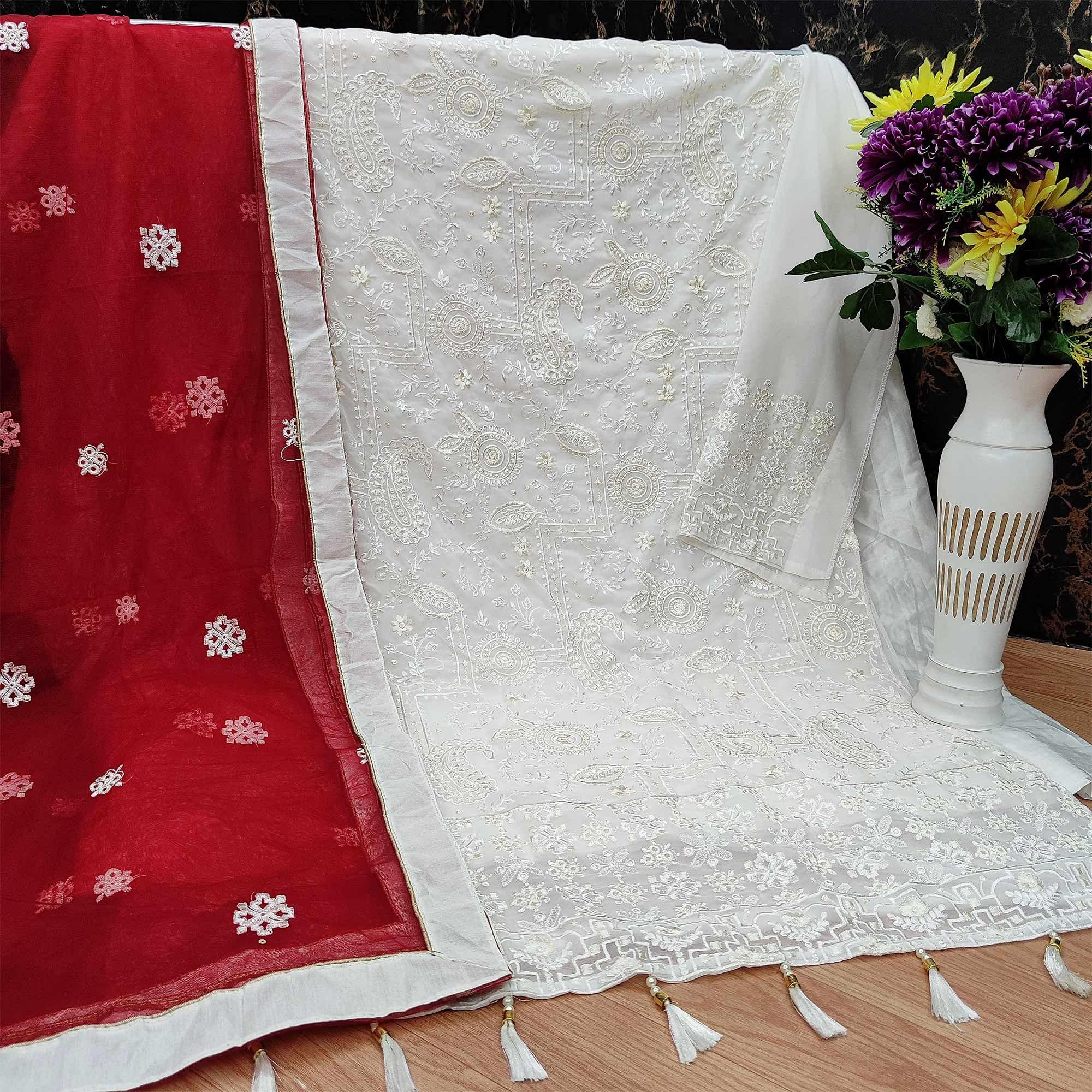 White Partywear Embroidered Heavy Georgette Pakistani Suit - Peachmode