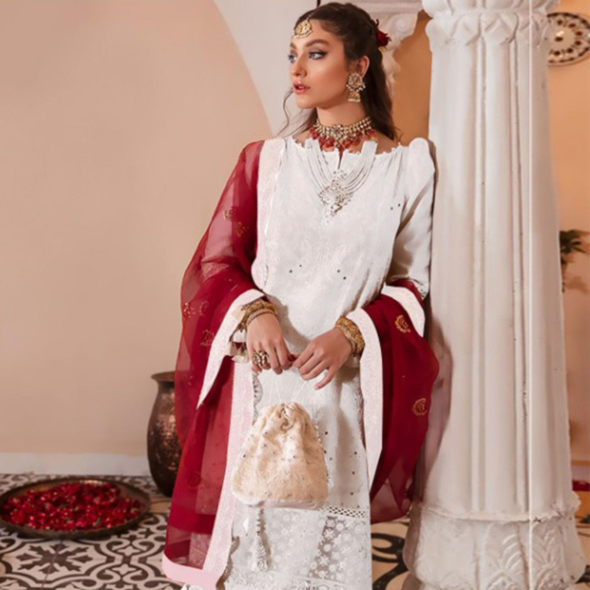 White Partywear Embroidered Heavy Georgette Pakistani Suit - Peachmode