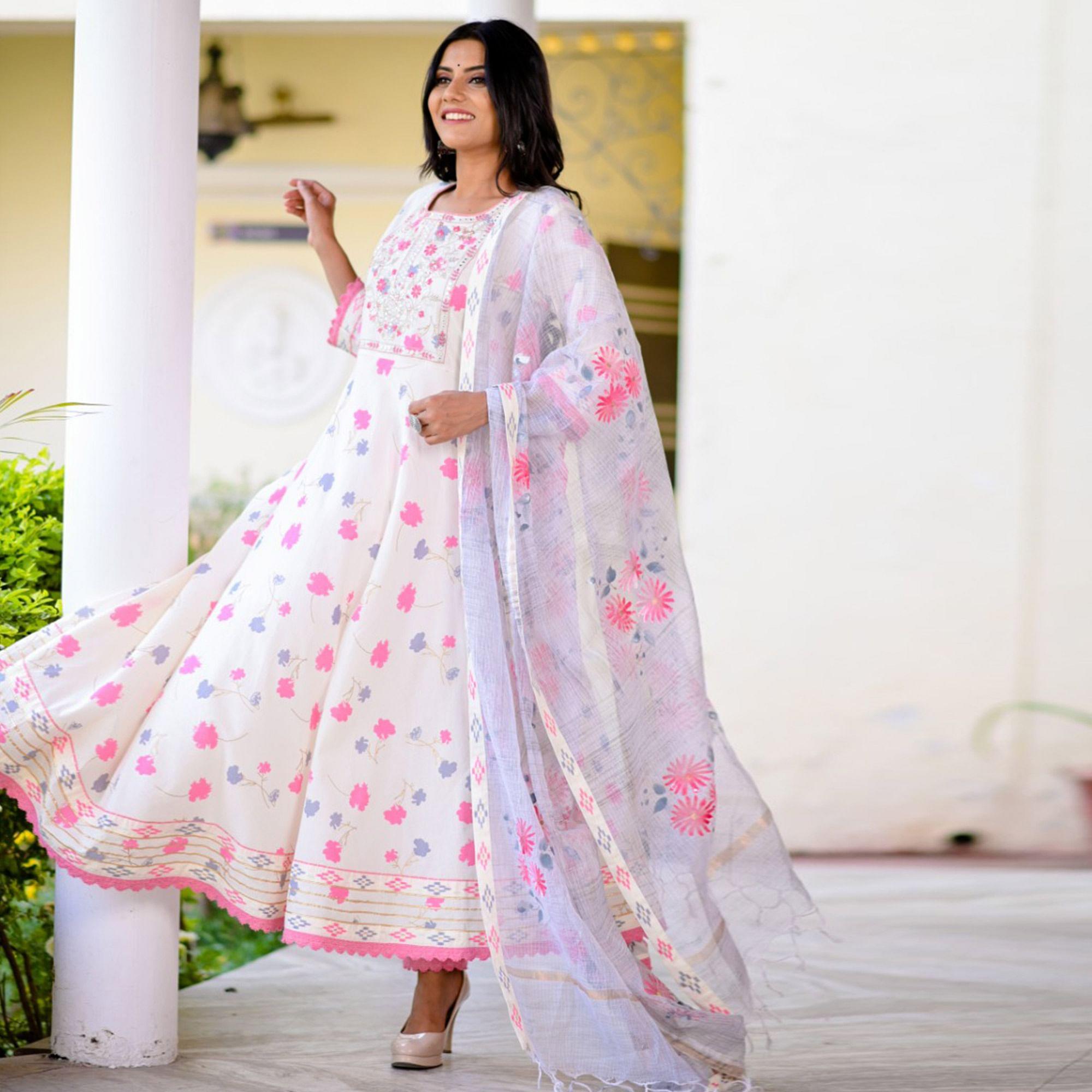 White Partywear Floral Embroidered With Print Cotton Anarkali Suit - Peachmode