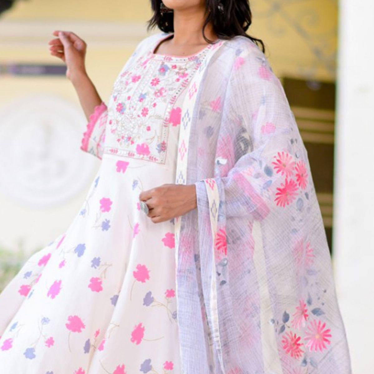 White Partywear Floral Embroidered With Print Cotton Anarkali Suit - Peachmode