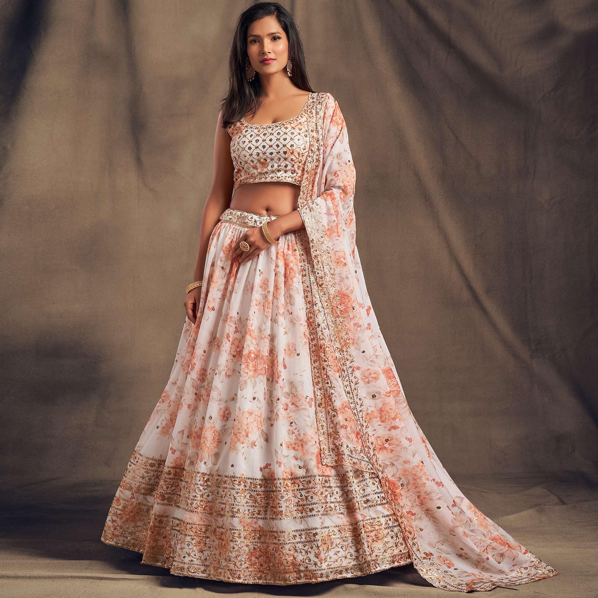 White Partywear Floral Print With Sequin Zari Embroidered Organza Lehenga Choli - Peachmode