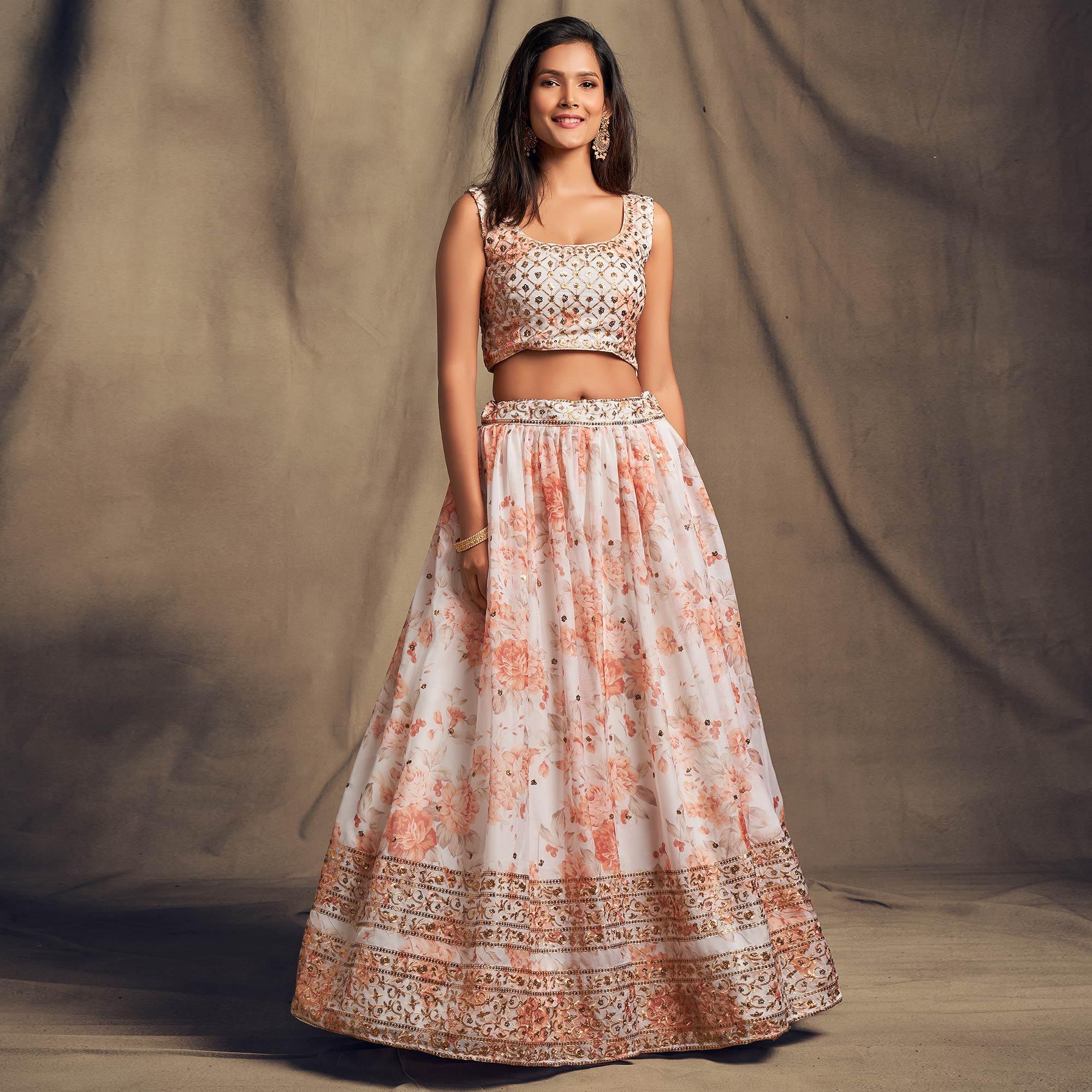 White Partywear Floral Print With Sequin Zari Embroidered Organza Lehenga Choli - Peachmode