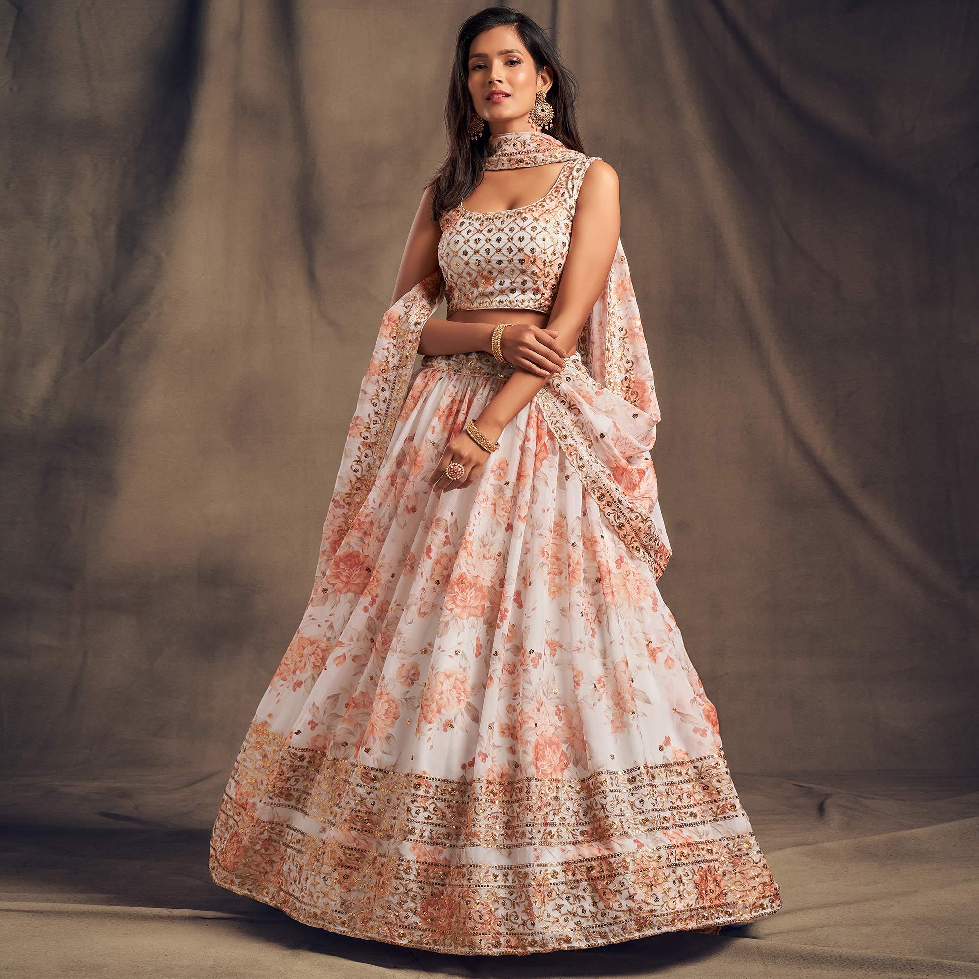 White Partywear Floral Print With Sequin Zari Embroidered Organza Lehenga Choli - Peachmode