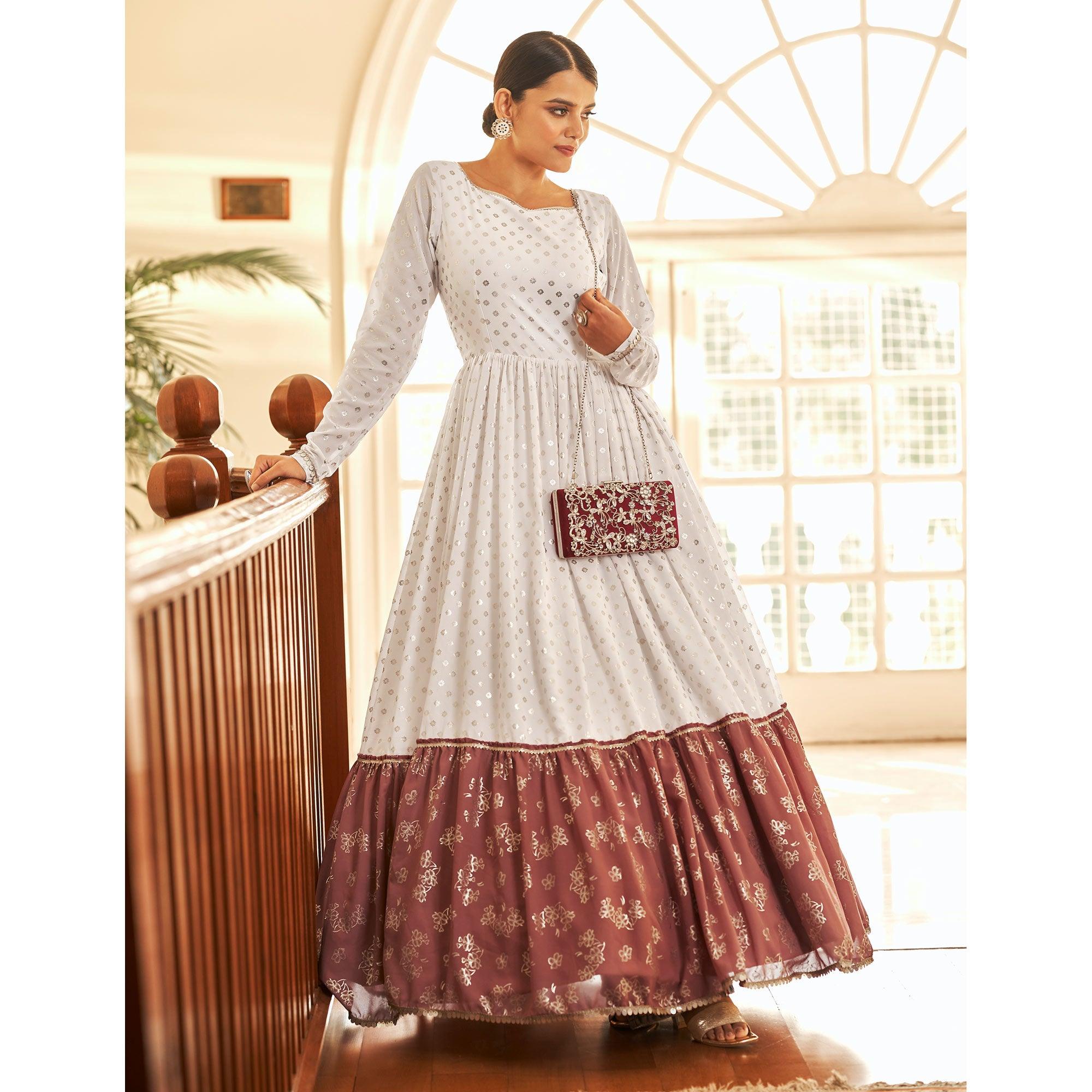 White Partywear Metallic Foil Work Georgette Gown - Peachmode