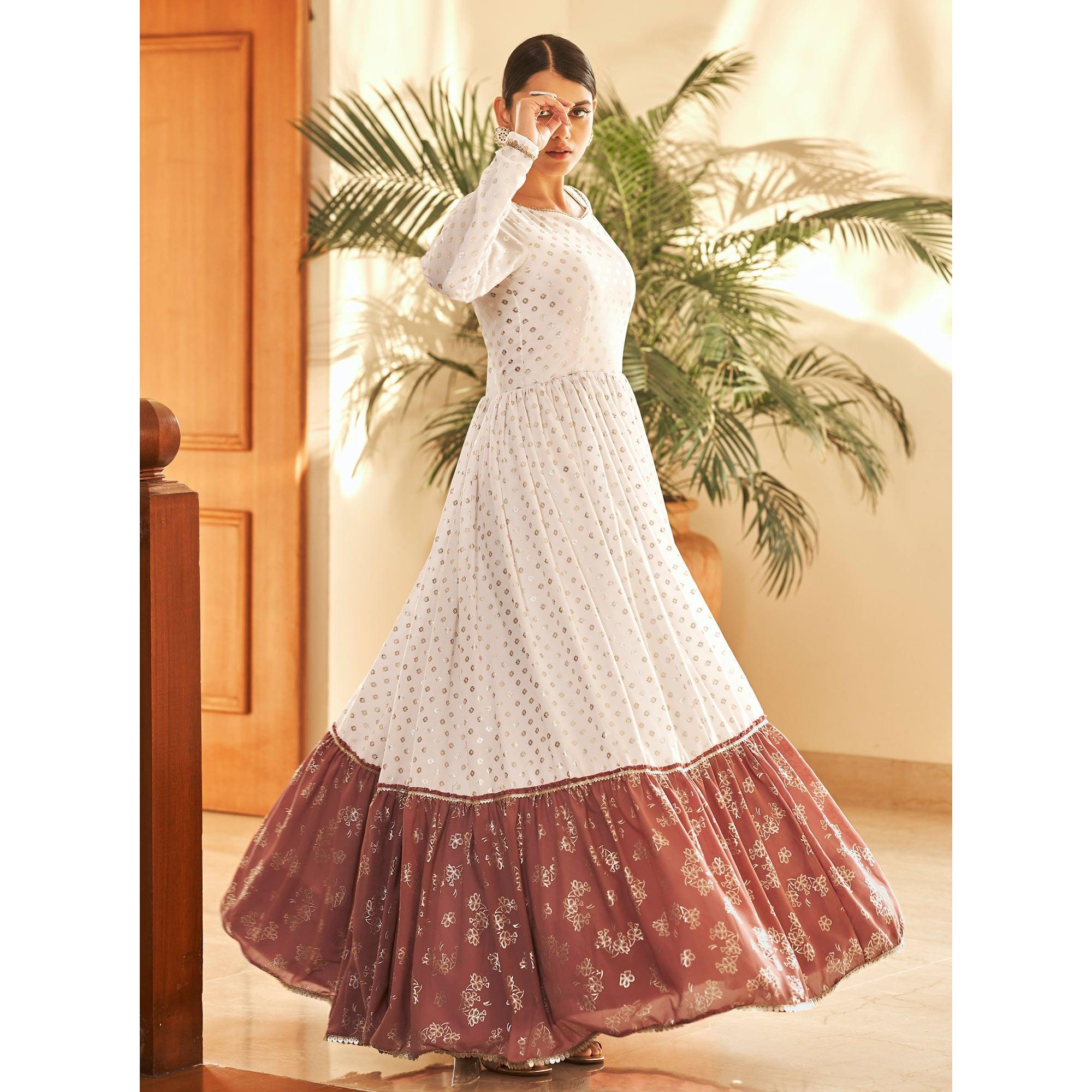 White Partywear Metallic Foil Work Georgette Gown - Peachmode
