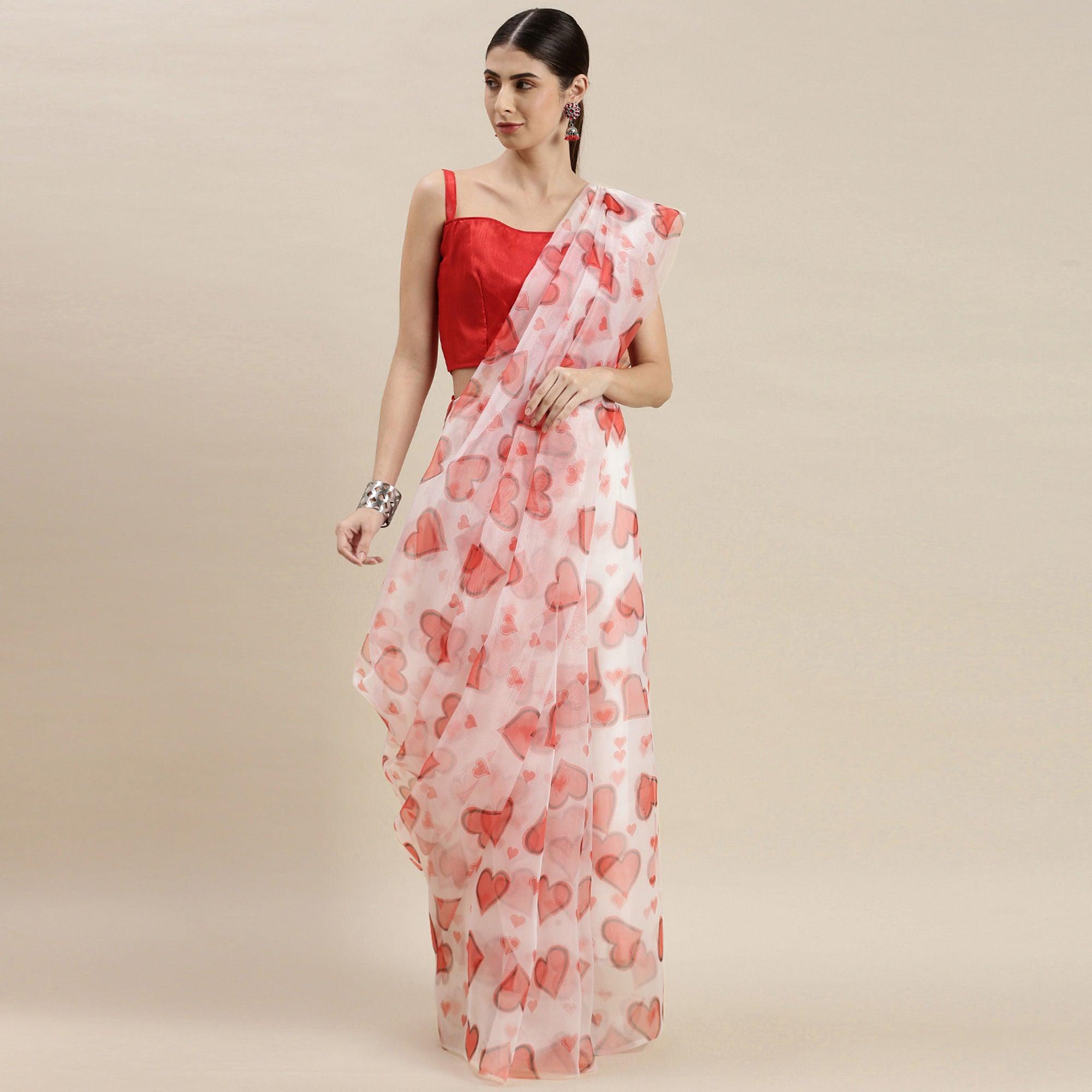 White Partywear Printed Organza Saree - Peachmode