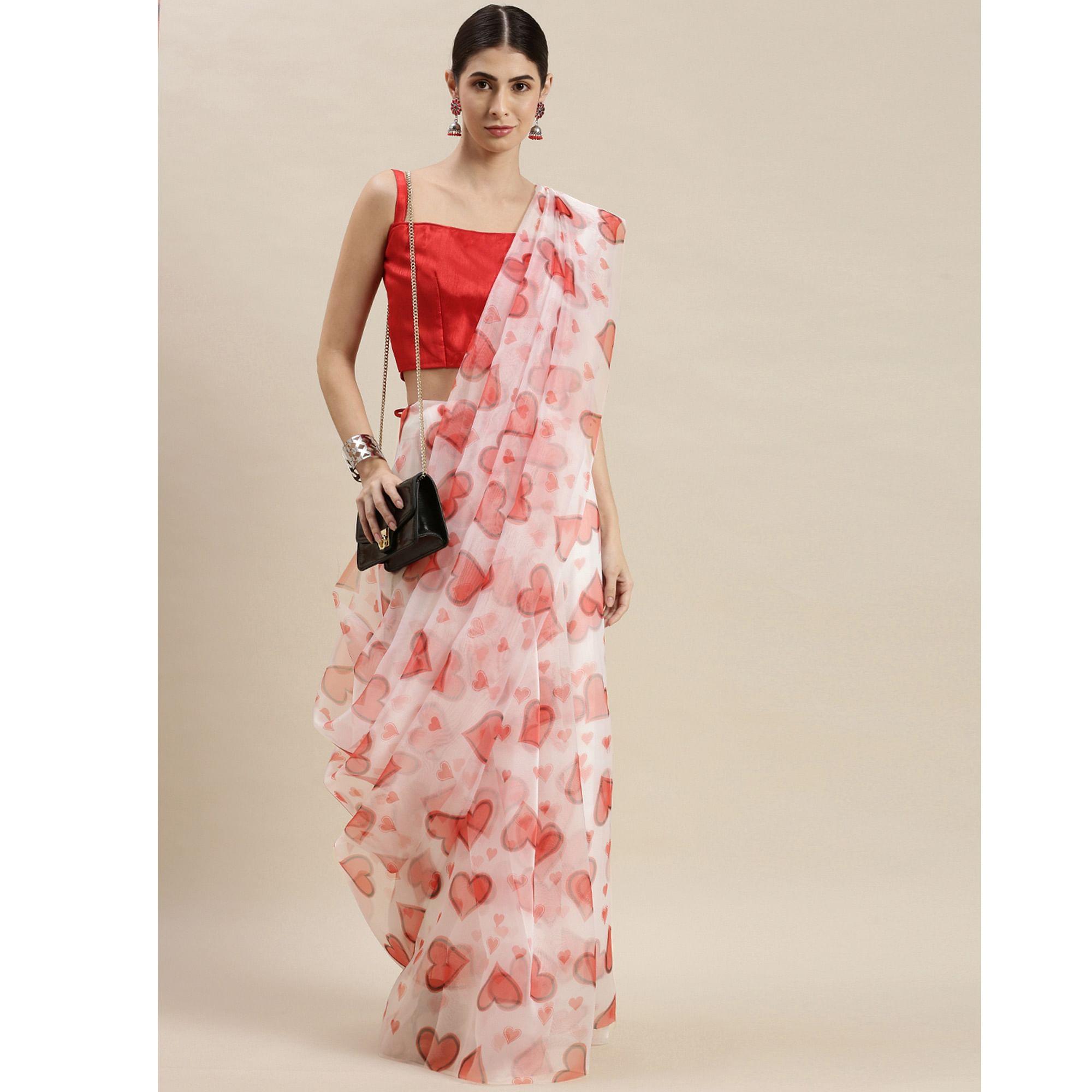 White Partywear Printed Organza Saree - Peachmode