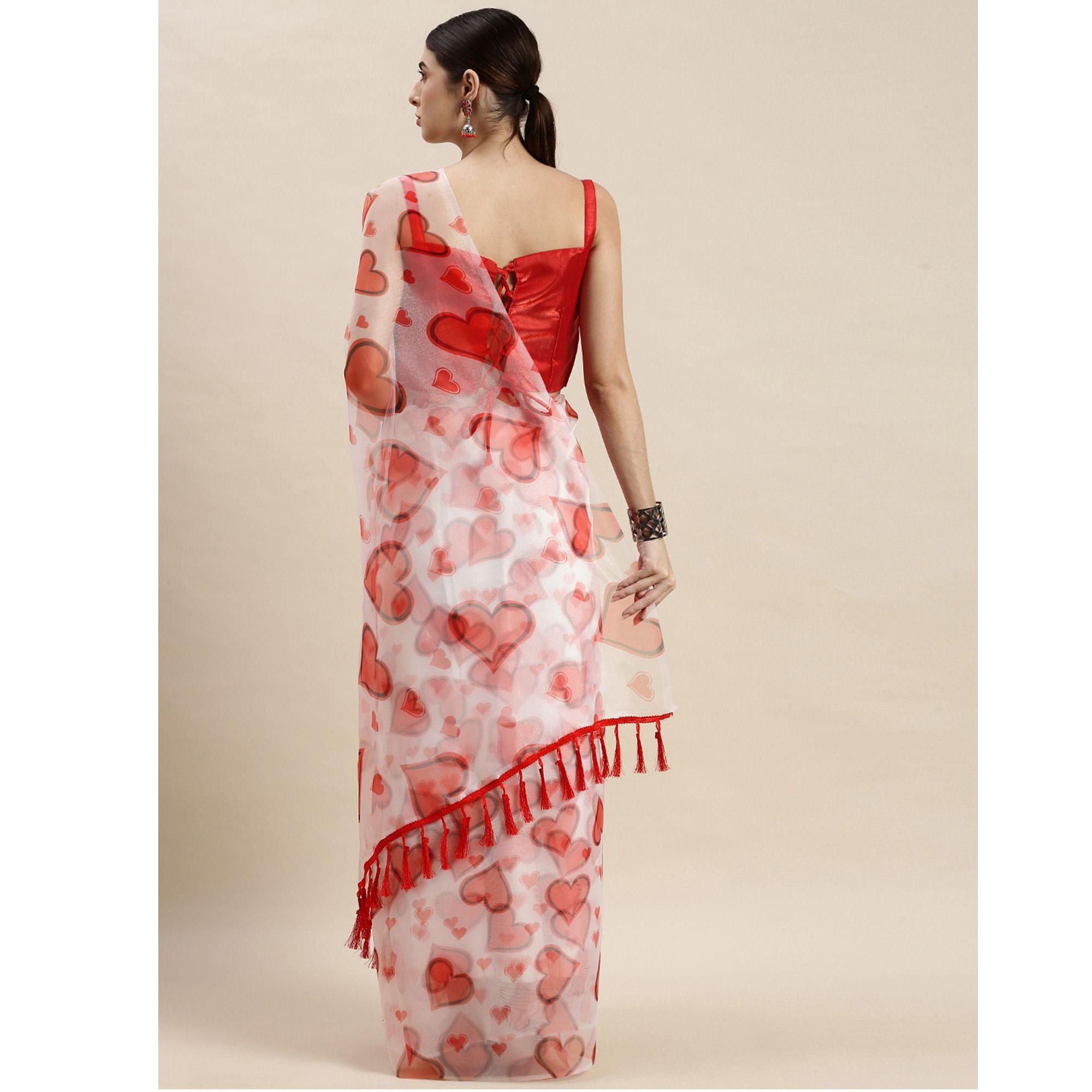 White Partywear Printed Organza Saree - Peachmode