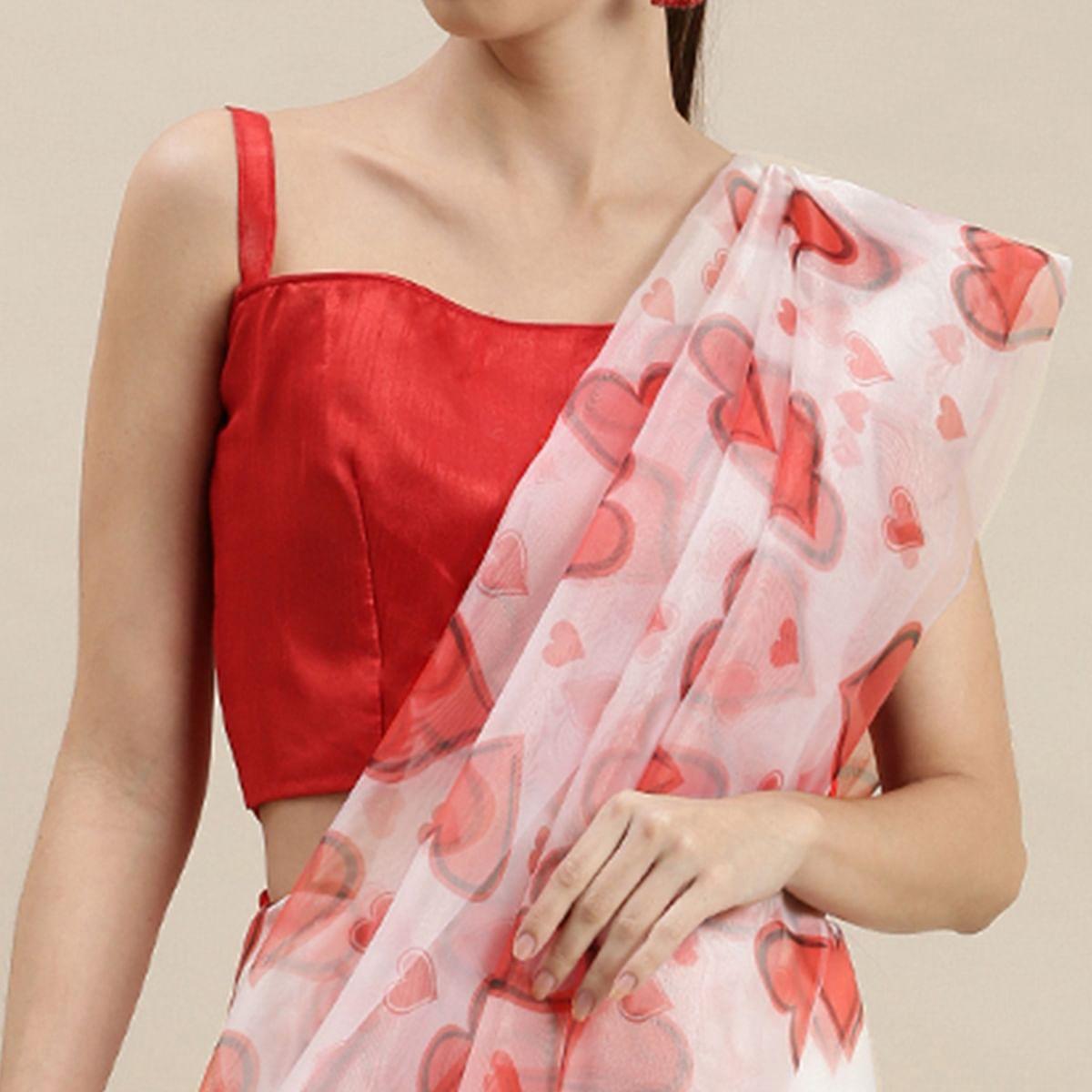 White Partywear Printed Organza Saree - Peachmode