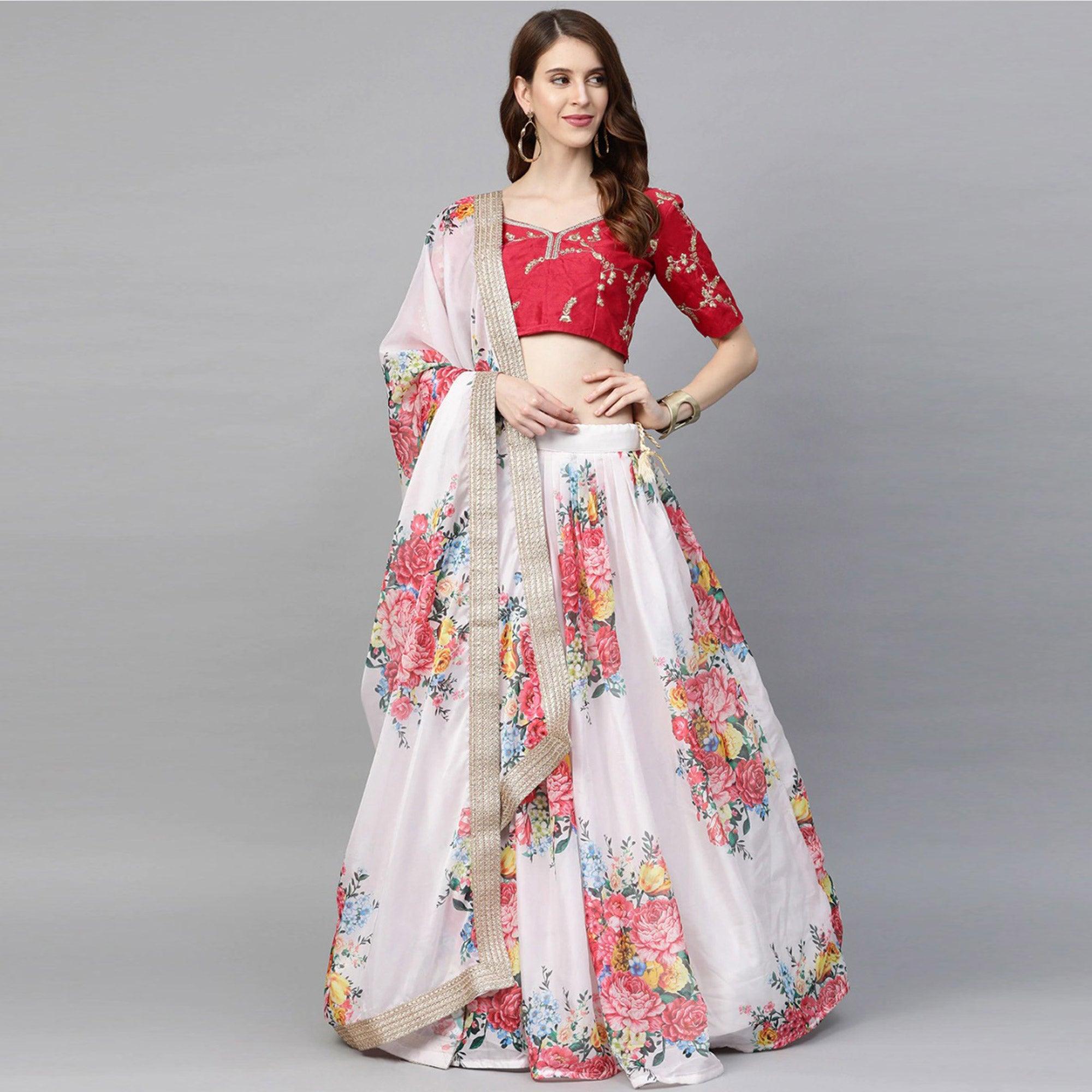 White Partywear Printed Sequence & Zari Pure Organza Lehenga Choli - Peachmode