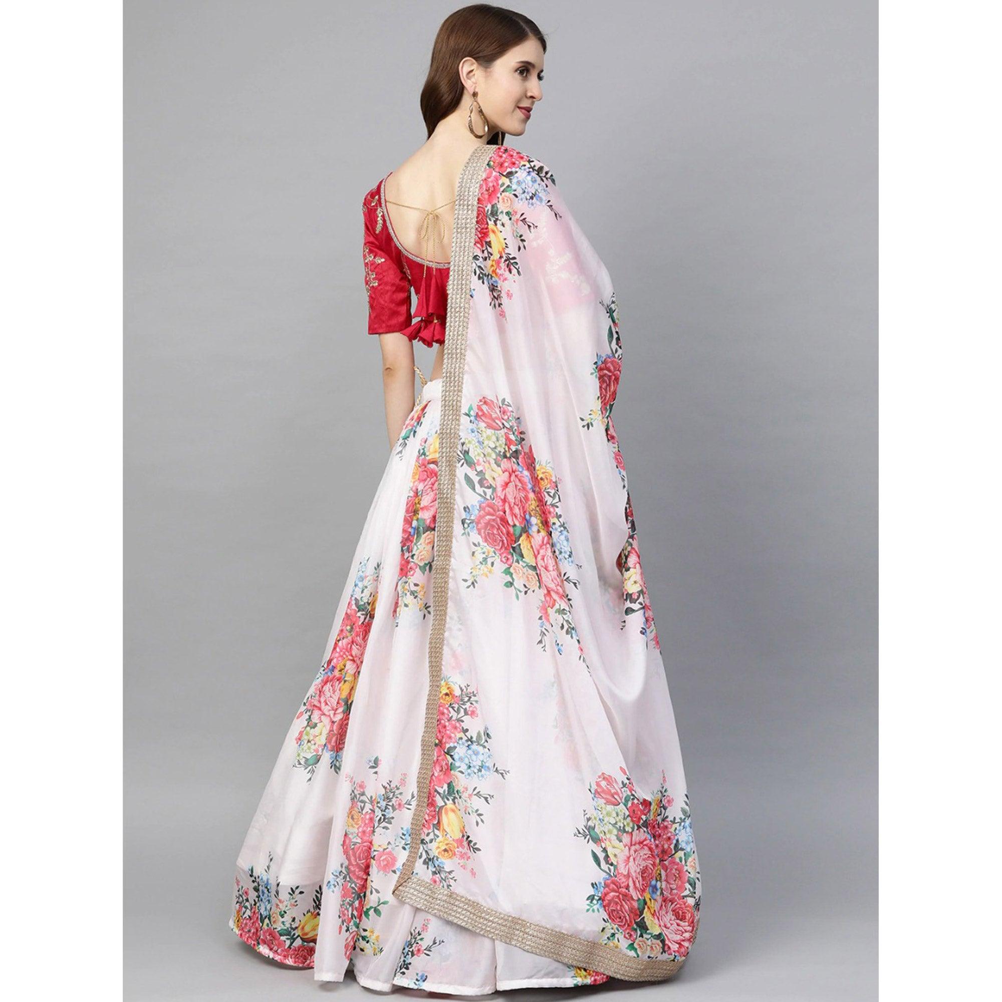 White Partywear Printed Sequence & Zari Pure Organza Lehenga Choli - Peachmode