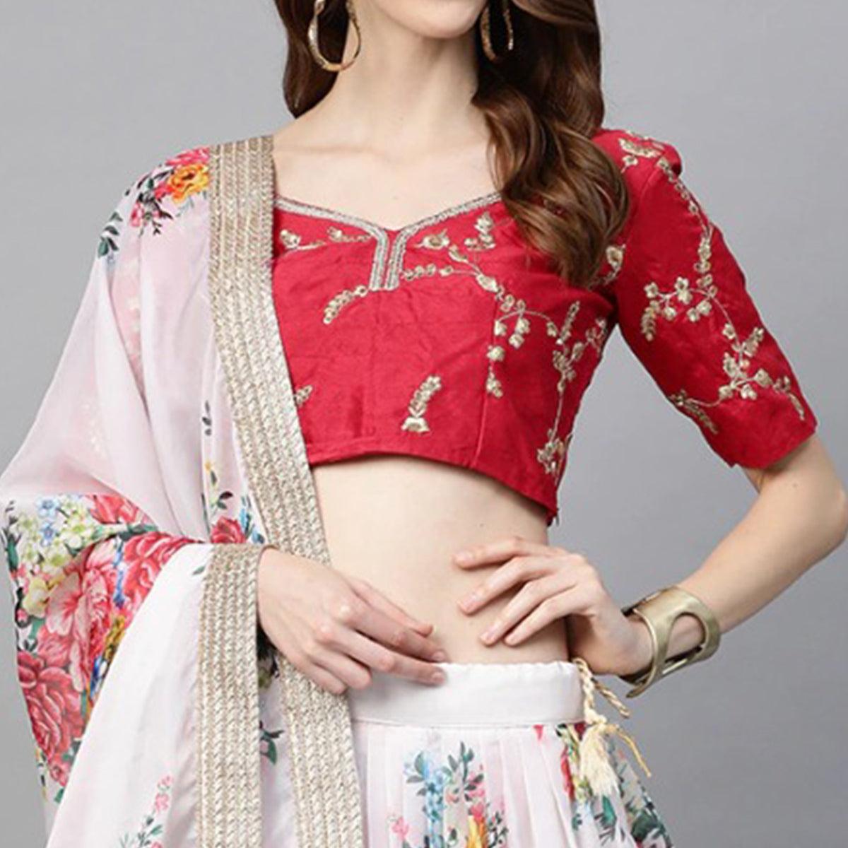 White Partywear Printed Sequence & Zari Pure Organza Lehenga Choli - Peachmode