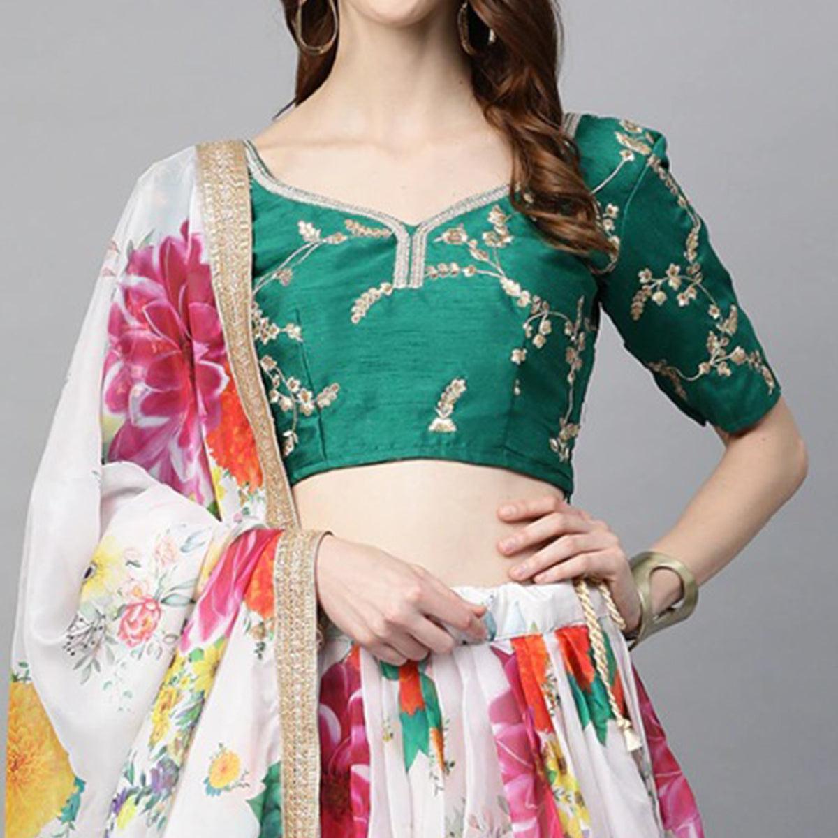 White Partywear Printed Sequence & Zari Pure Organza Lehenga Choli - Peachmode