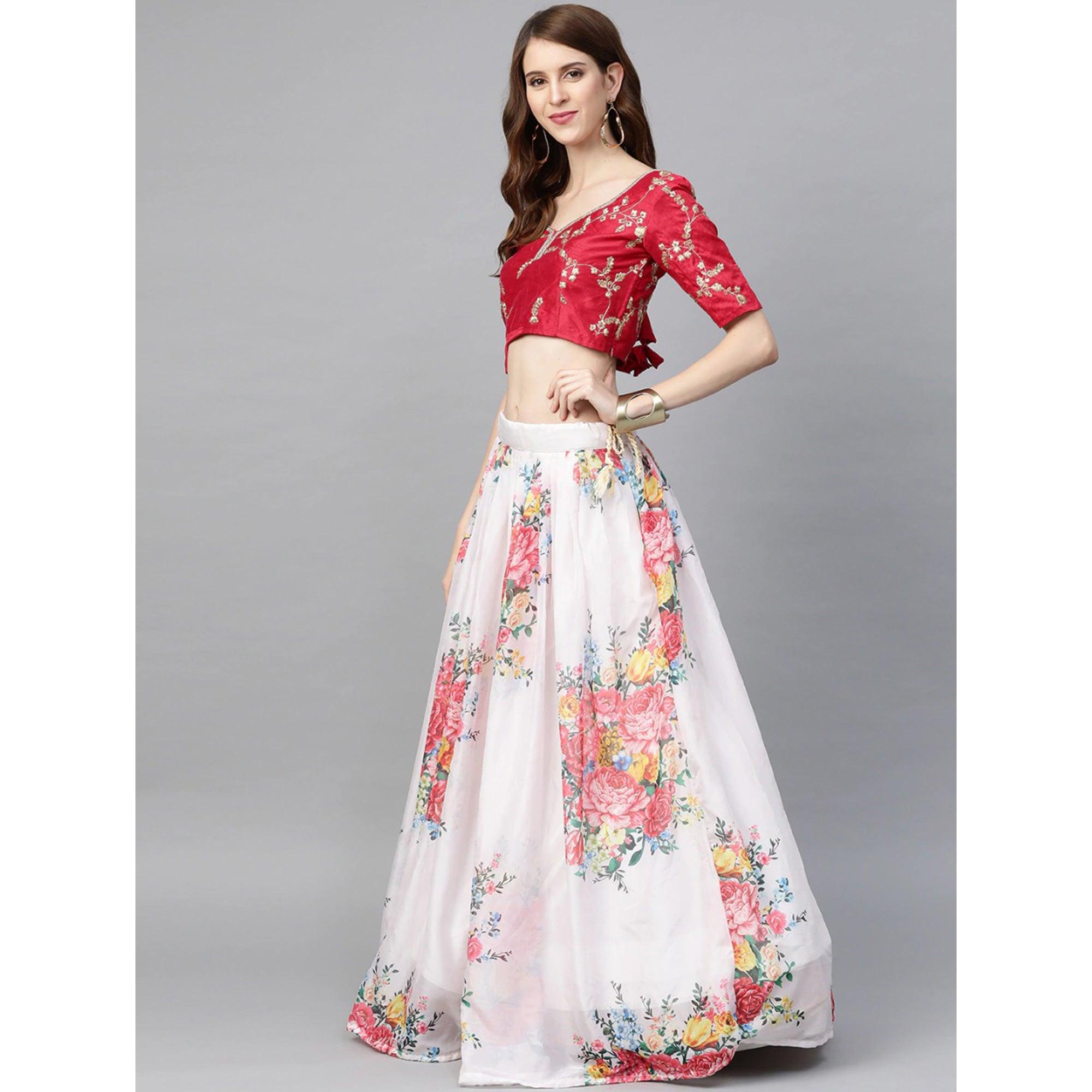 White Partywear Printed Sequence & Zari Pure Organza Lehenga Choli - Peachmode