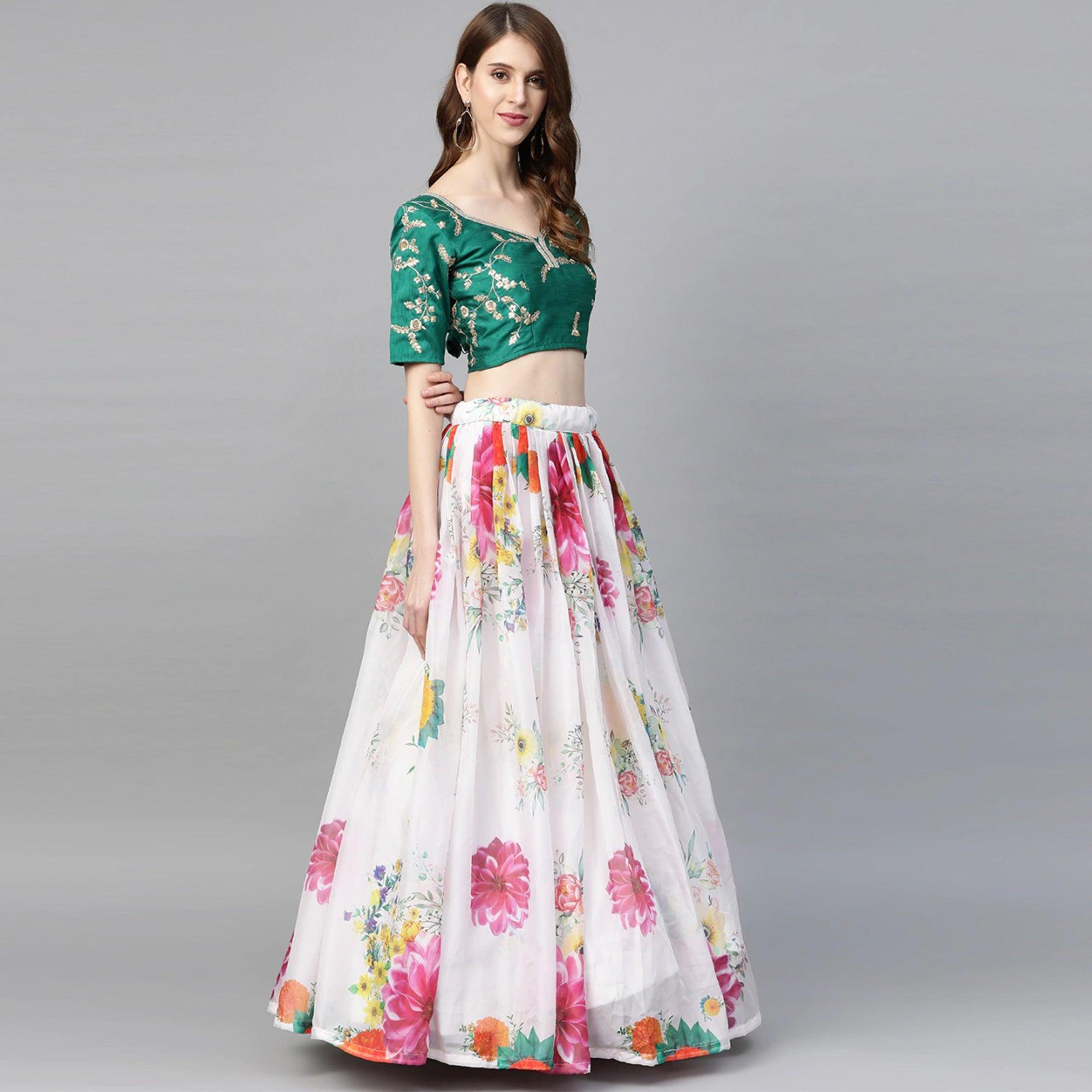 White Partywear Printed Sequence & Zari Pure Organza Lehenga Choli - Peachmode