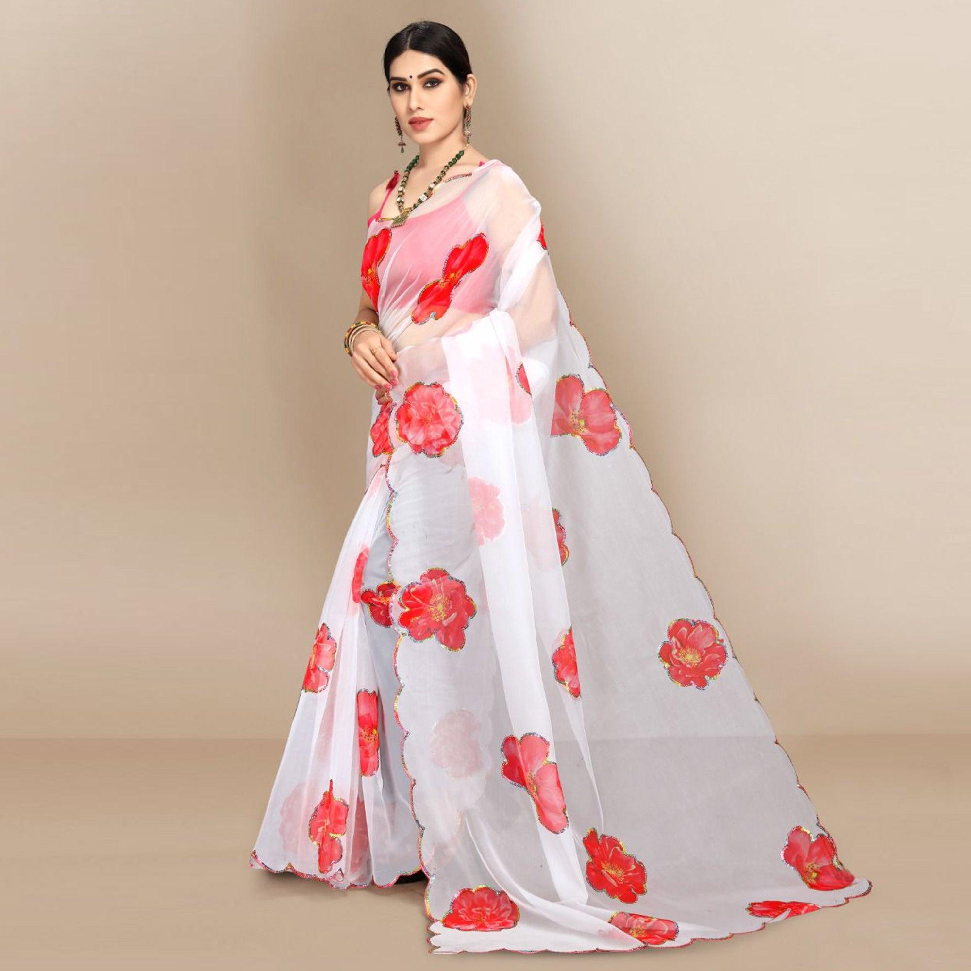 White Partywear Sequence & Printed Organza Saree - Peachmode