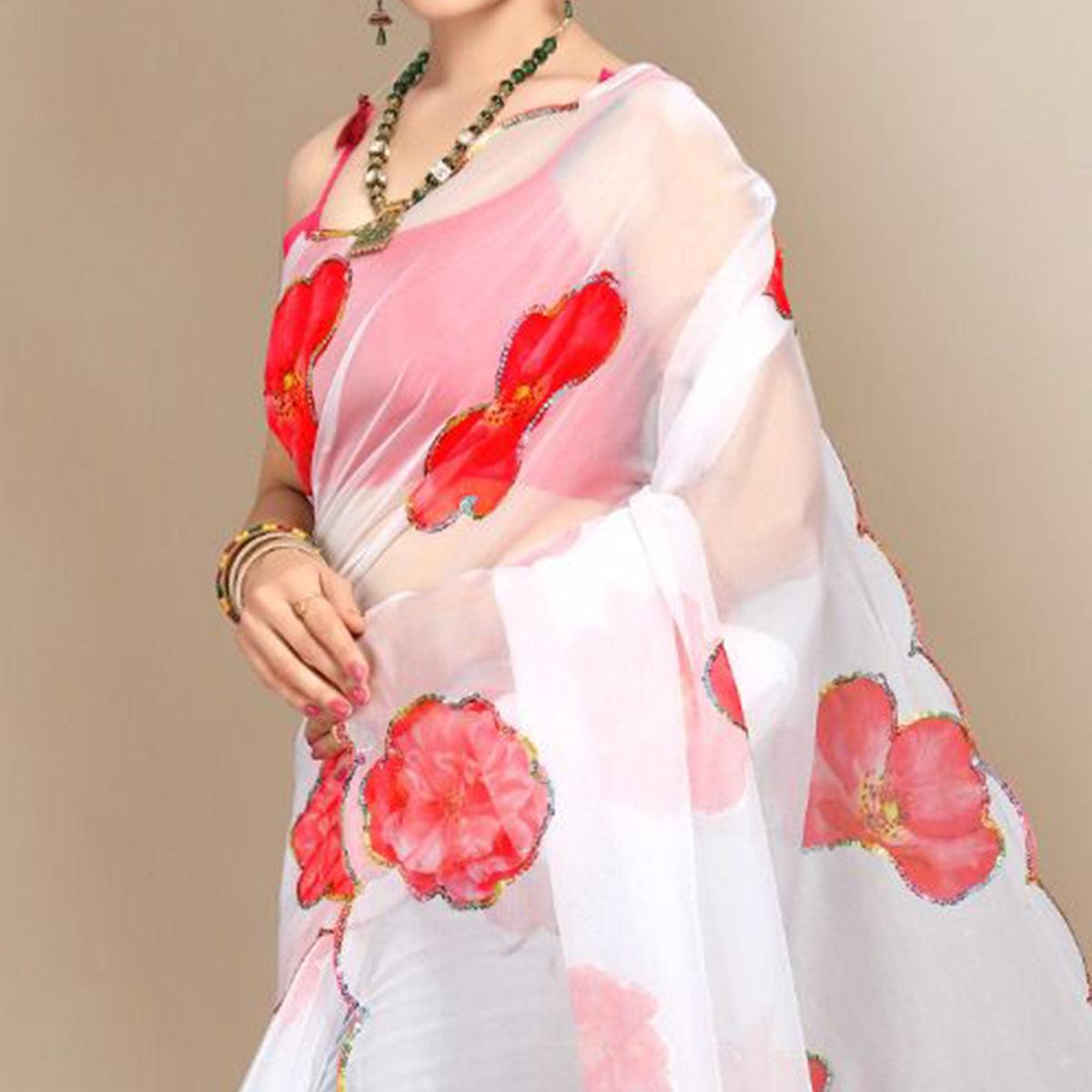 White Partywear Sequence & Printed Organza Saree - Peachmode