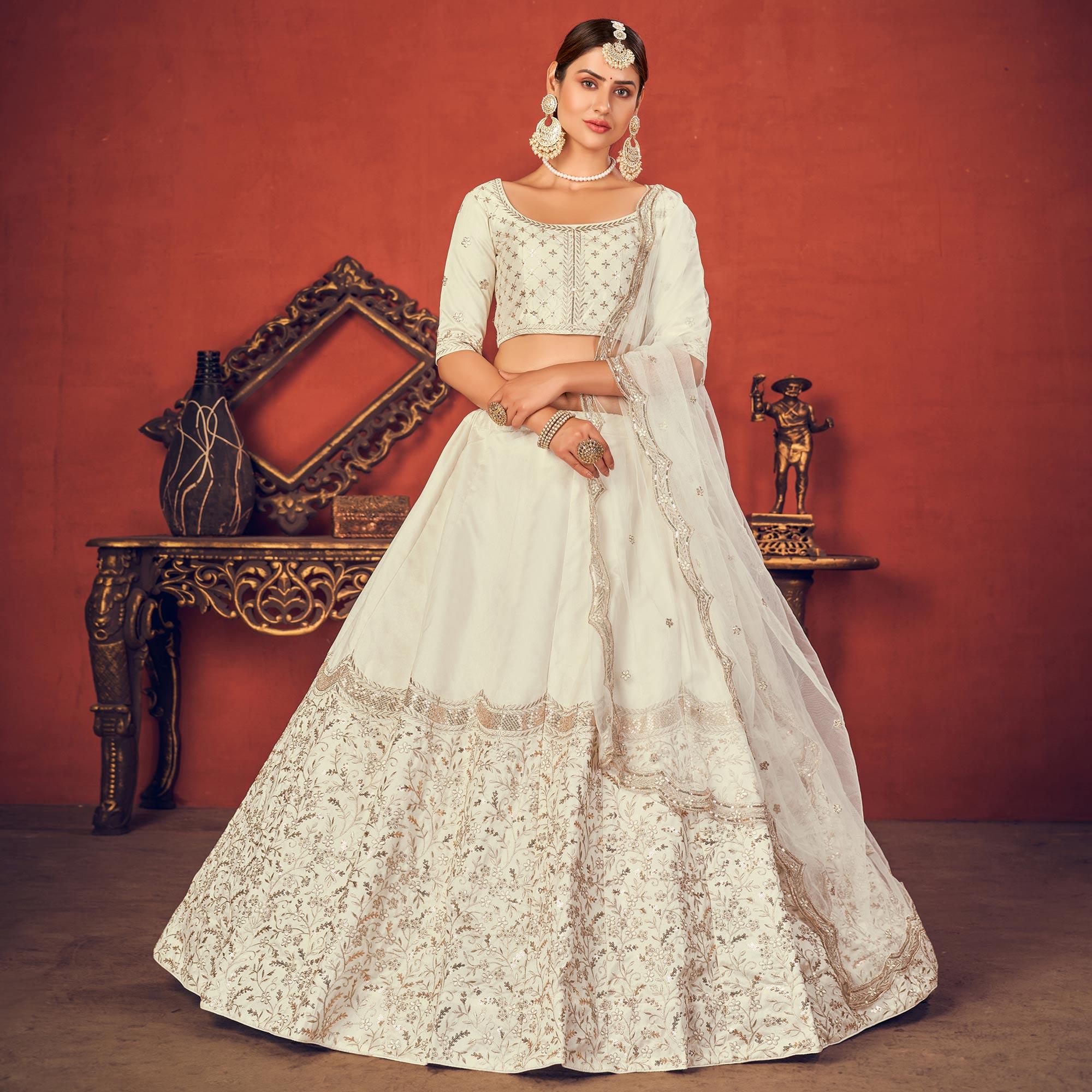 White Partywear Sequence Embroidered Art Silk Lehenga Choli - Peachmode