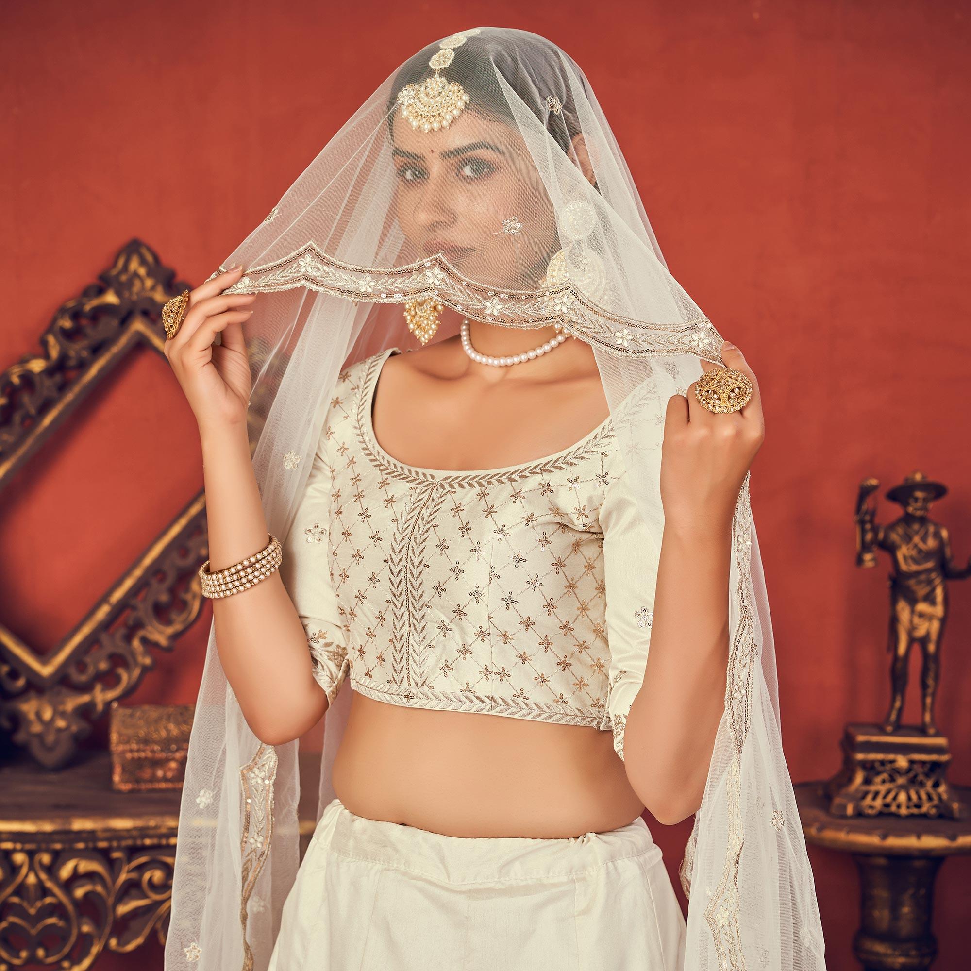 White Partywear Sequence Embroidered Art Silk Lehenga Choli - Peachmode
