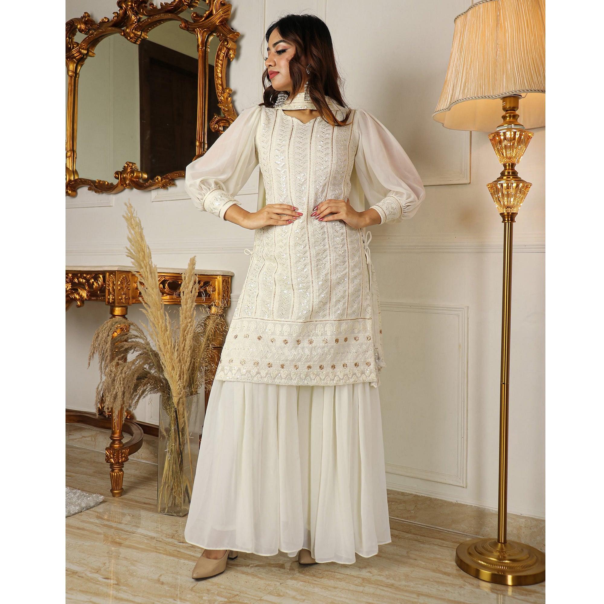 White Partywear Sequence Embroidered Georgette Sharara Suit - Peachmode