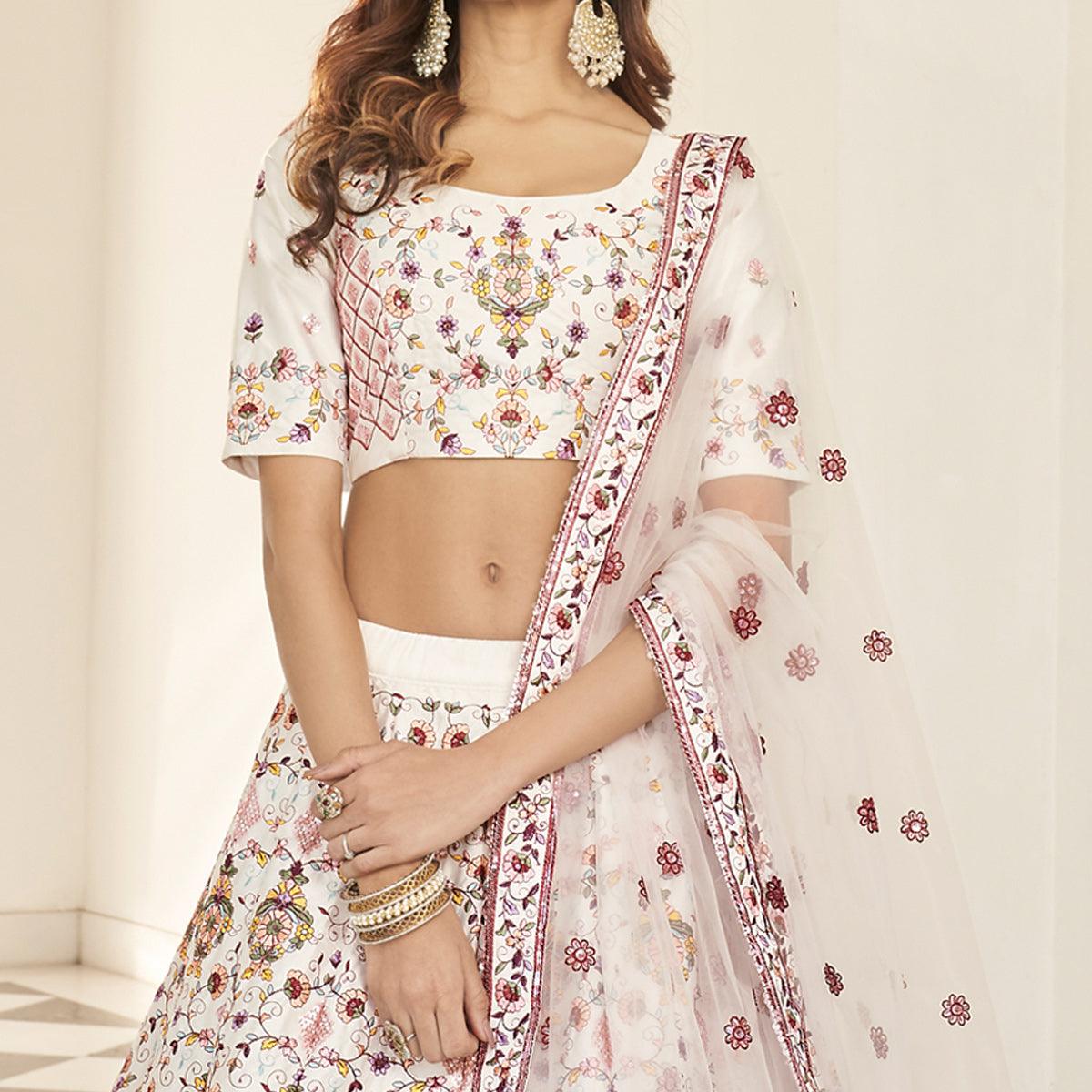 White Partywear Sequence Embroidered Silk Lehenga Choli - Peachmode