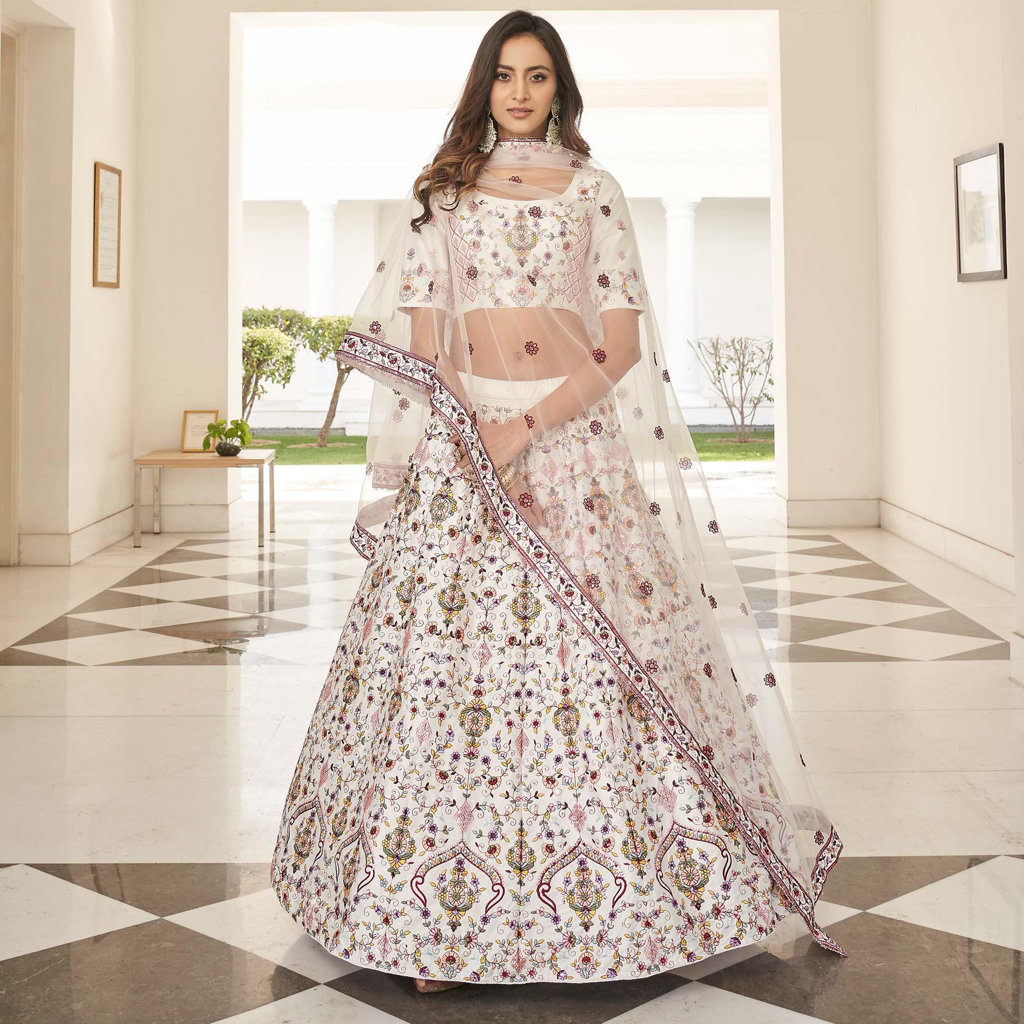 White Partywear Sequence Embroidered Silk Lehenga Choli - Peachmode