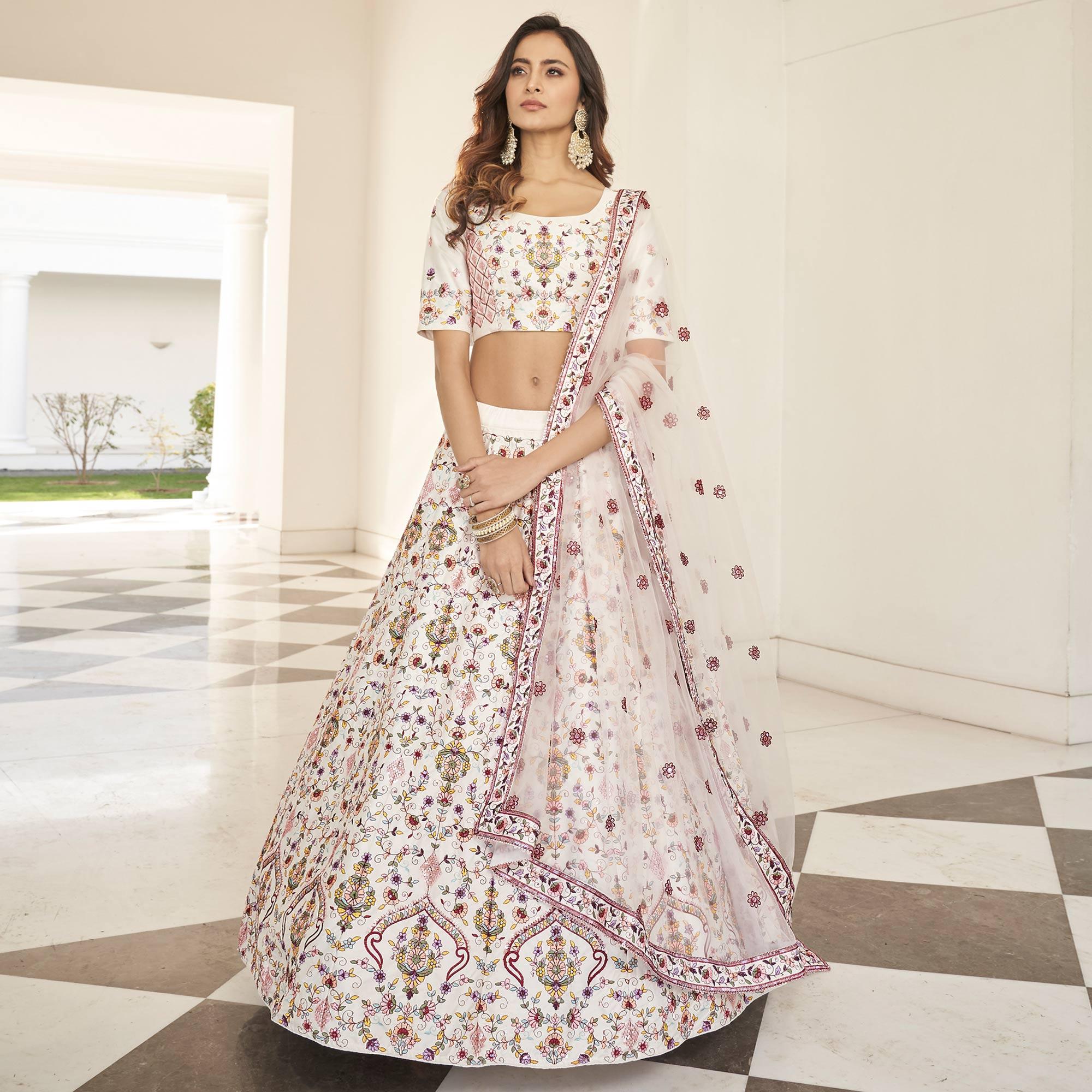 White Partywear Sequence Embroidered Silk Lehenga Choli - Peachmode