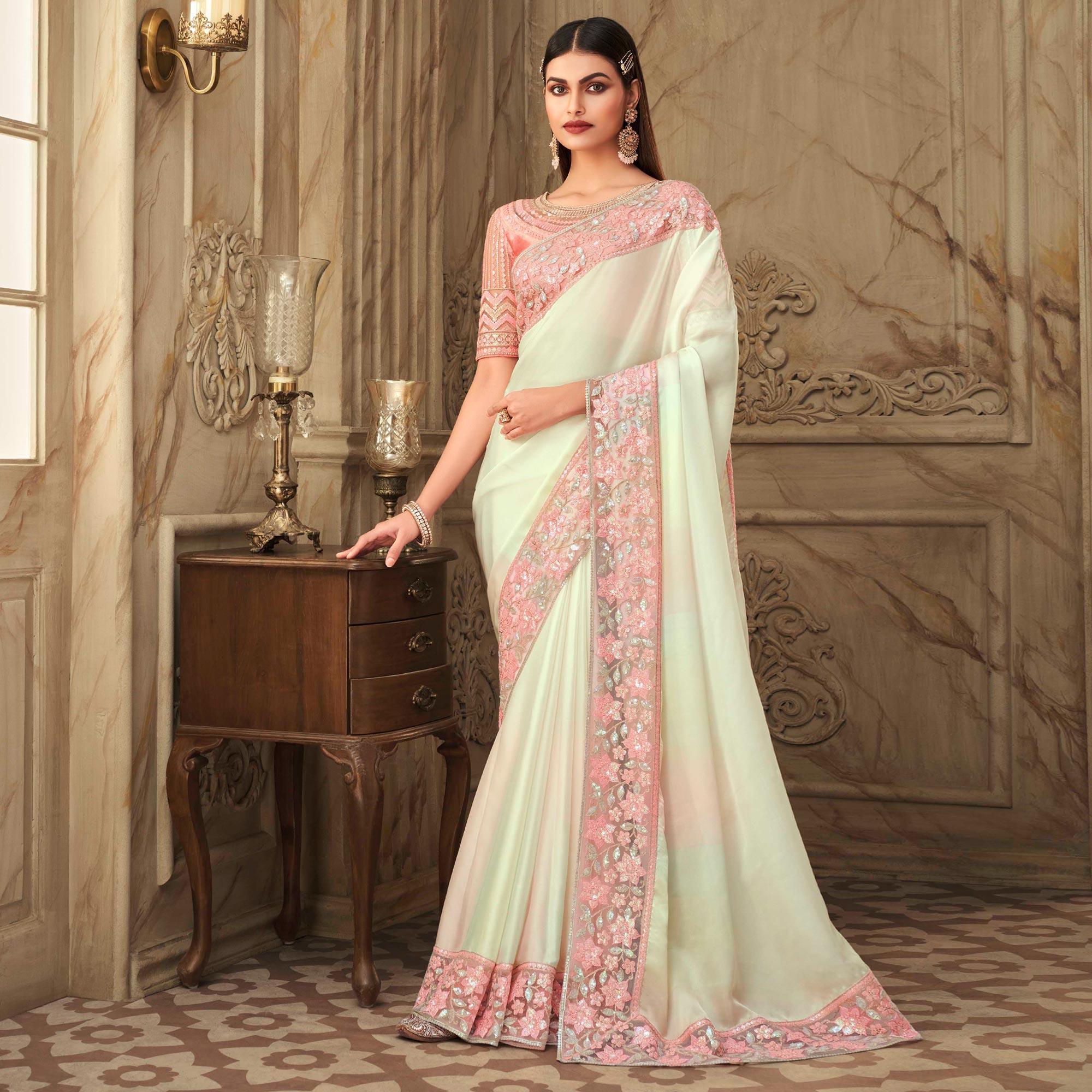 White Partywear Sequence Embroidered Silk Saree - Peachmode