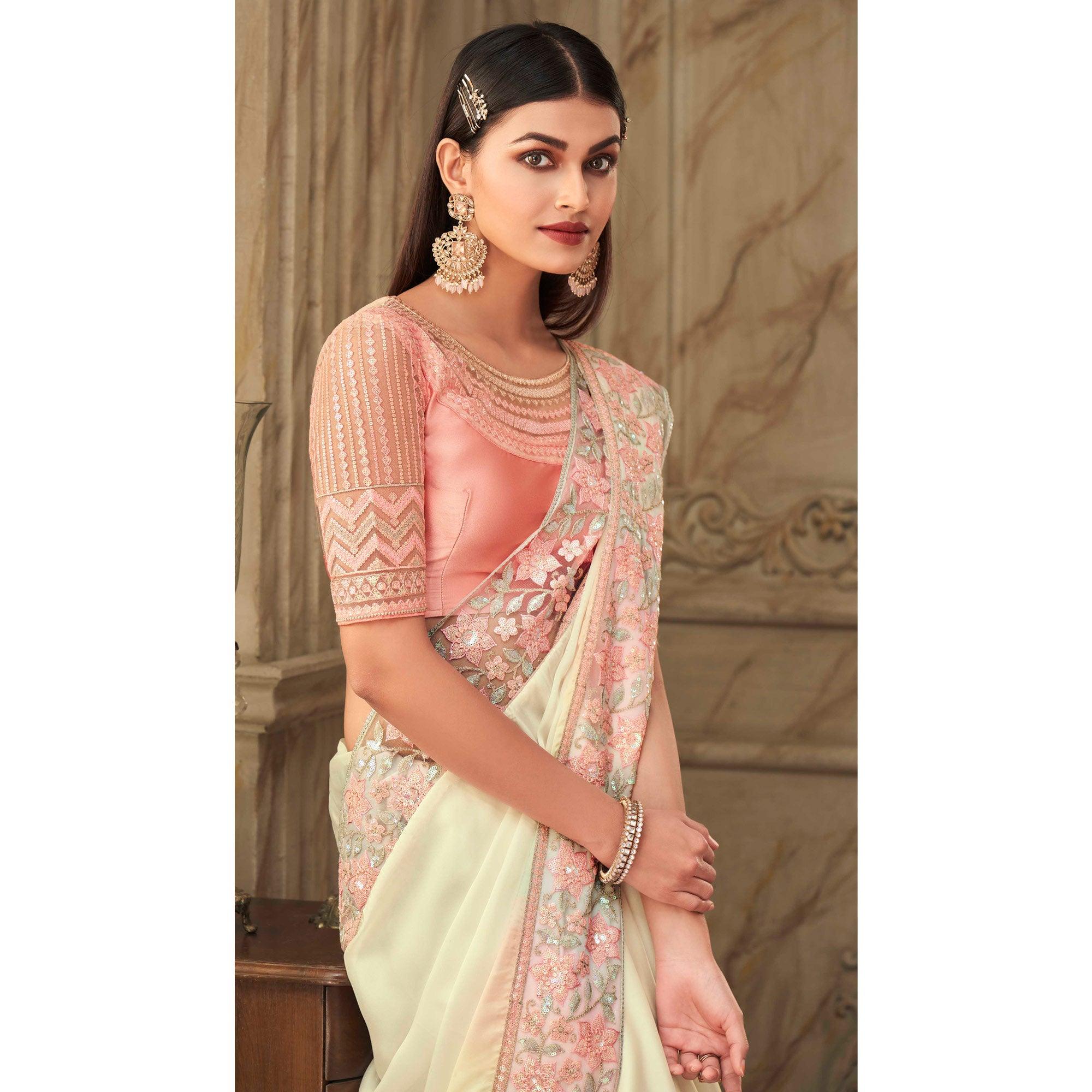 White Partywear Sequence Embroidered Silk Saree - Peachmode