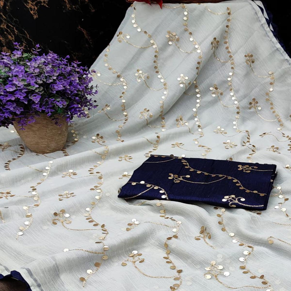 White Partywear Sequence Work Chiffon Saree - Peachmode