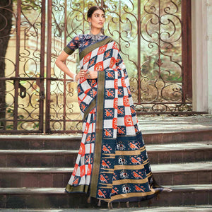 White Patola Printed Cotton Silk Saree With Tassels - Peachmode