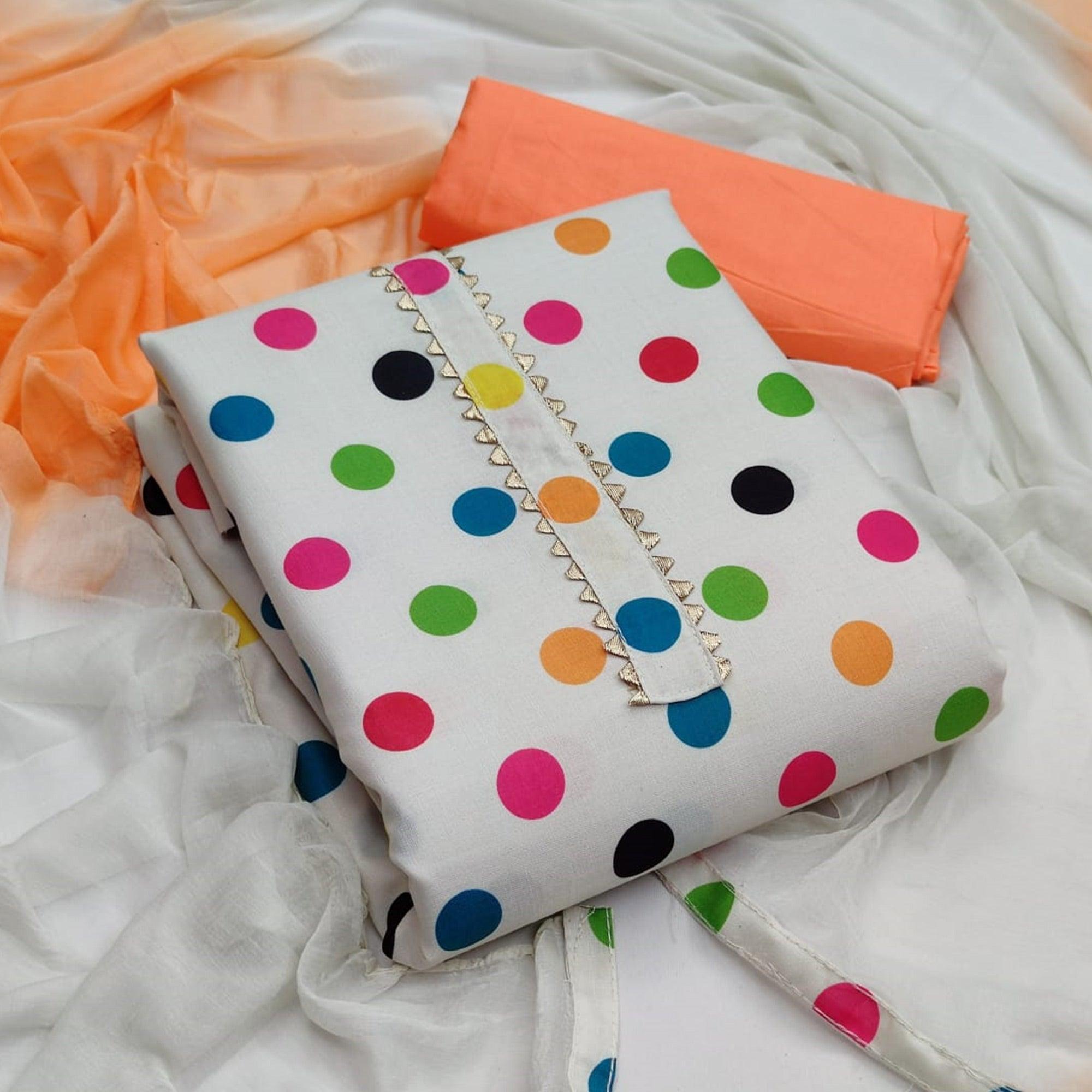White-Peach Casual Wear Polka Digital Printed Cotton Dress Material - Peachmode