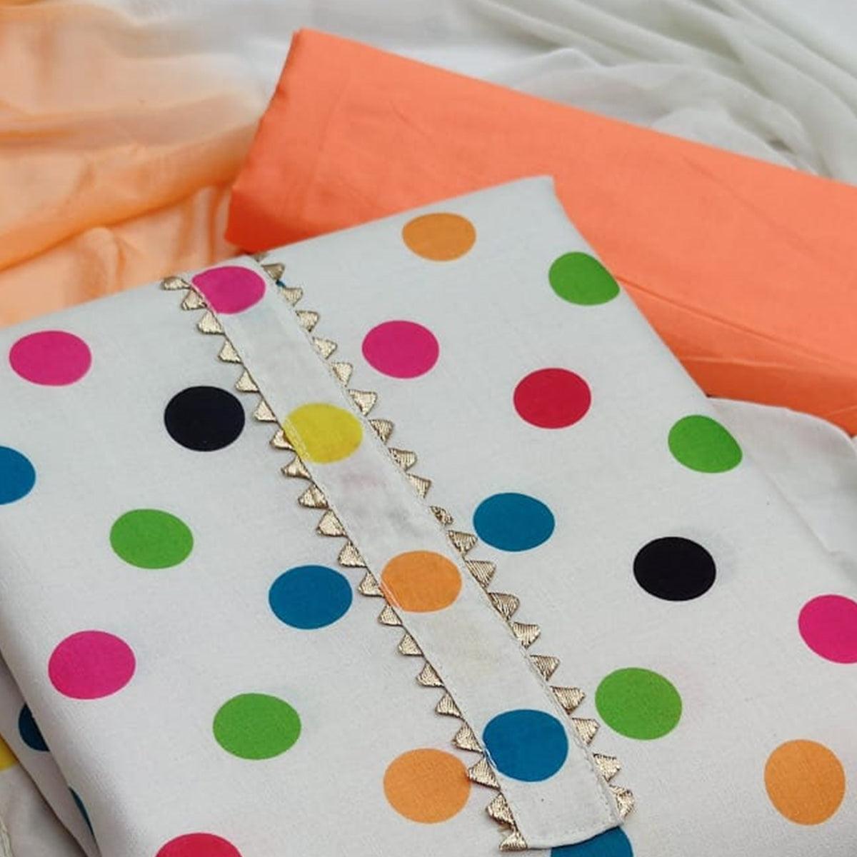 White-Peach Casual Wear Polka Digital Printed Cotton Dress Material - Peachmode