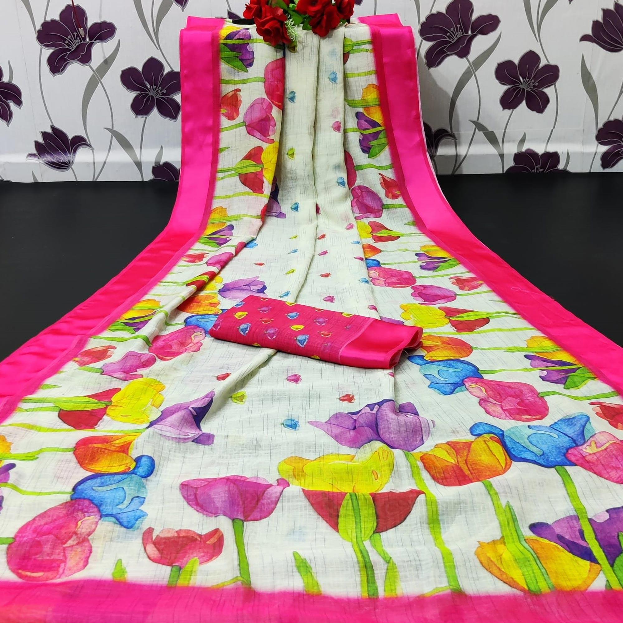 White-Pink Casual Wear Floral Digital Printed Linen Saree With Satin Border - Peachmode