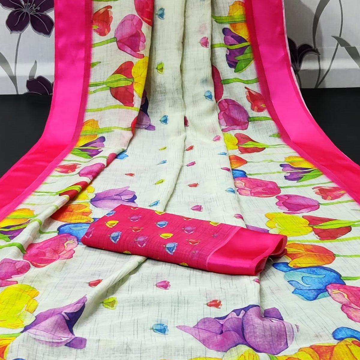 White-Pink Casual Wear Floral Digital Printed Linen Saree With Satin Border - Peachmode