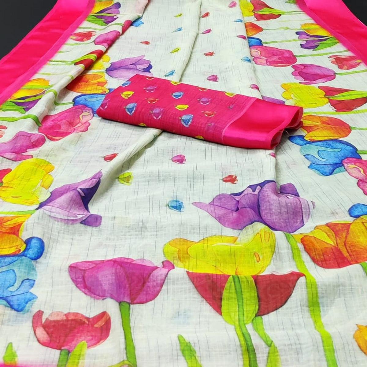 White-Pink Casual Wear Floral Digital Printed Linen Saree With Satin Border - Peachmode