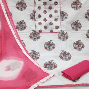 White - Pink Casual Wear Printed Cotton Dress Material - Peachmode
