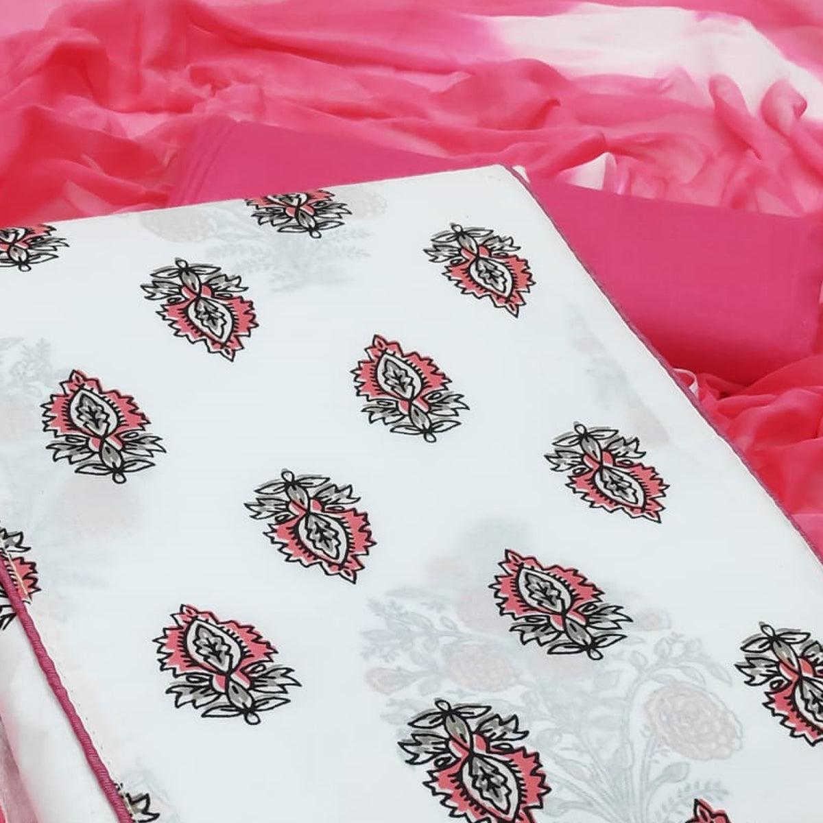 White - Pink Casual Wear Printed Cotton Dress Material - Peachmode