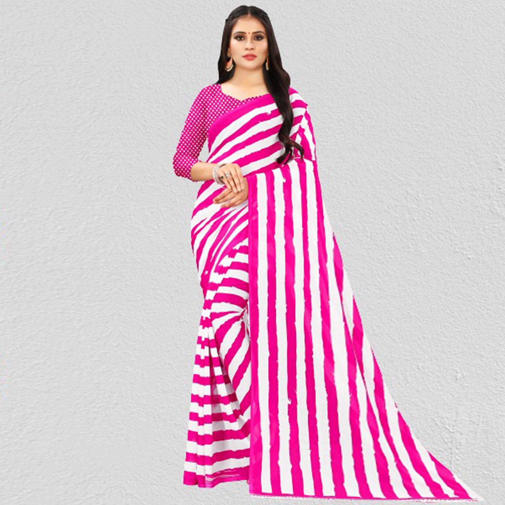 White-Pink Casual Wear Stripe Printed Georgette Saree - Peachmode