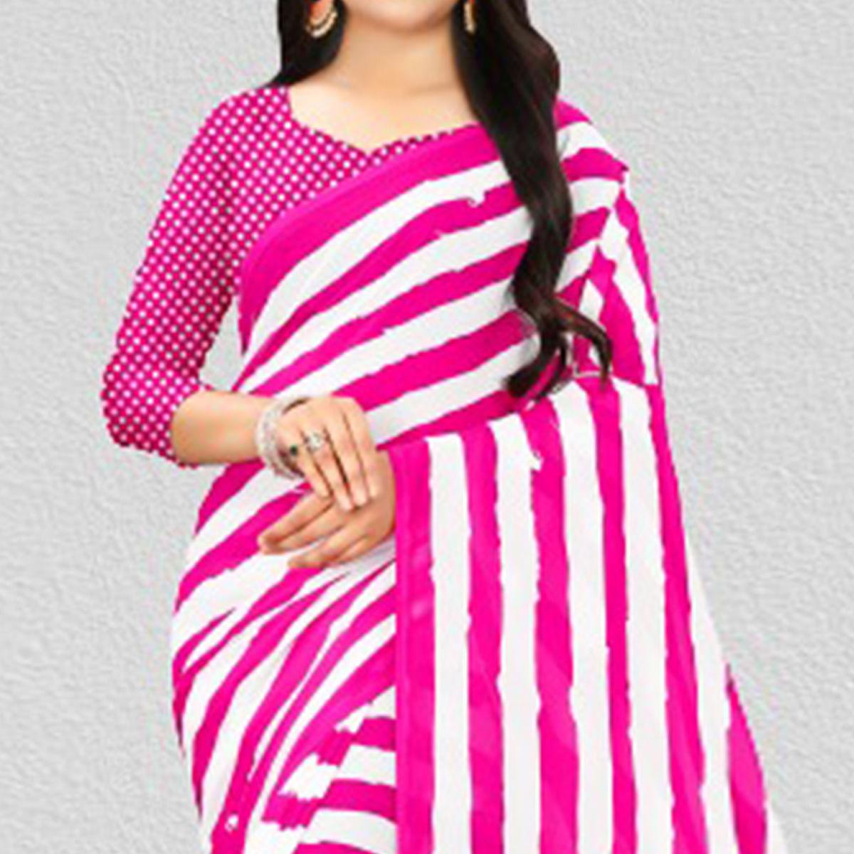 White-Pink Casual Wear Stripe Printed Georgette Saree - Peachmode