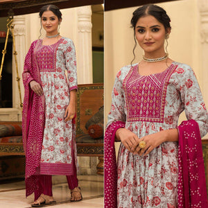 White-Pink Floral Printed With Embroidered Muslin Salwar Suit - Peachmode