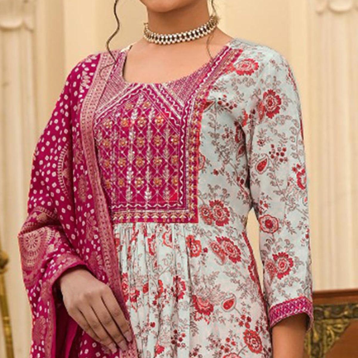 White-Pink Floral Printed With Embroidered Muslin Salwar Suit - Peachmode