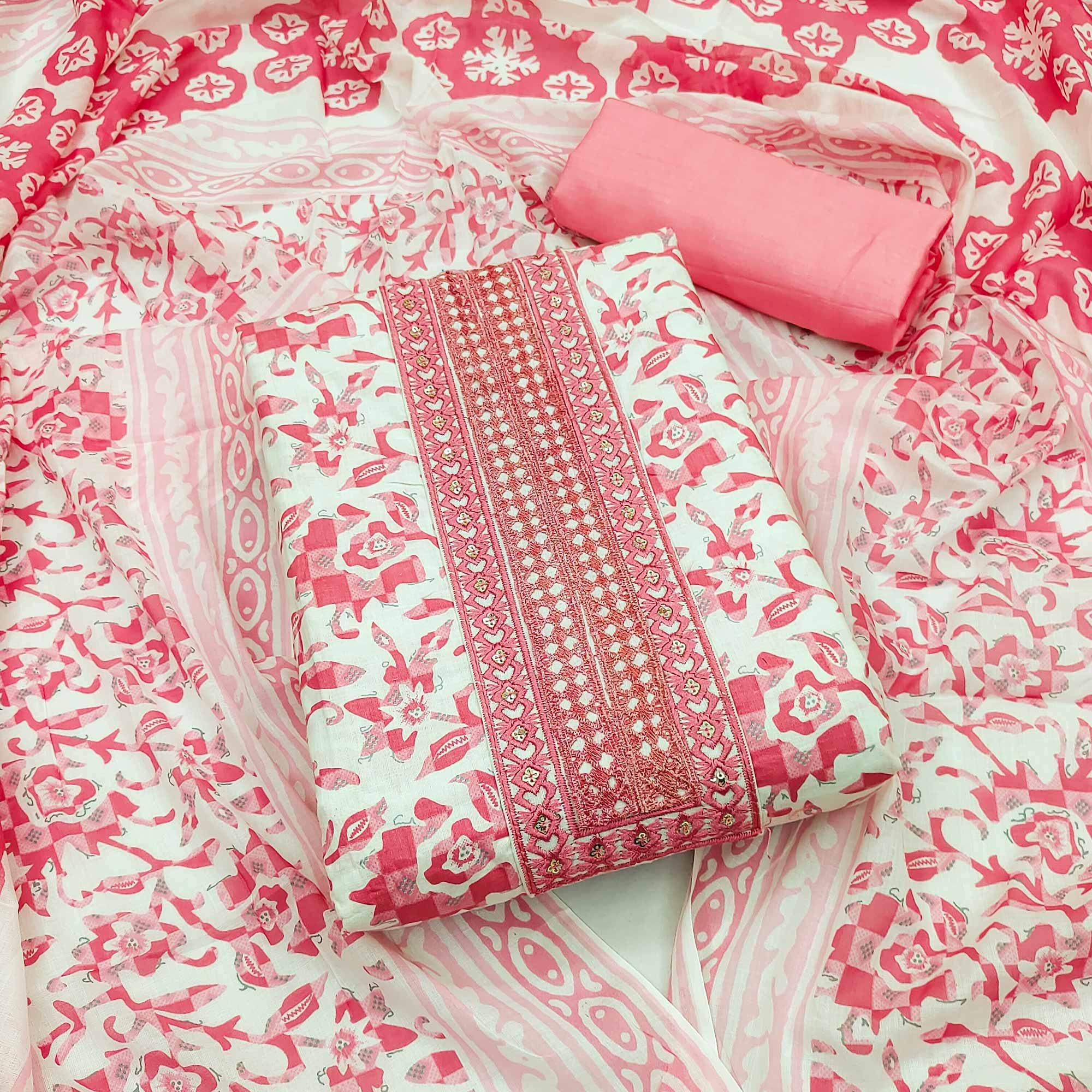 White-Pink Printed With Embroidered Cotton Blend Dress Material - Peachmode