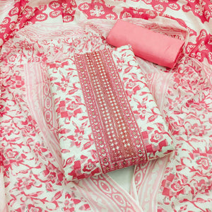 White-Pink Printed With Embroidered Cotton Blend Dress Material - Peachmode