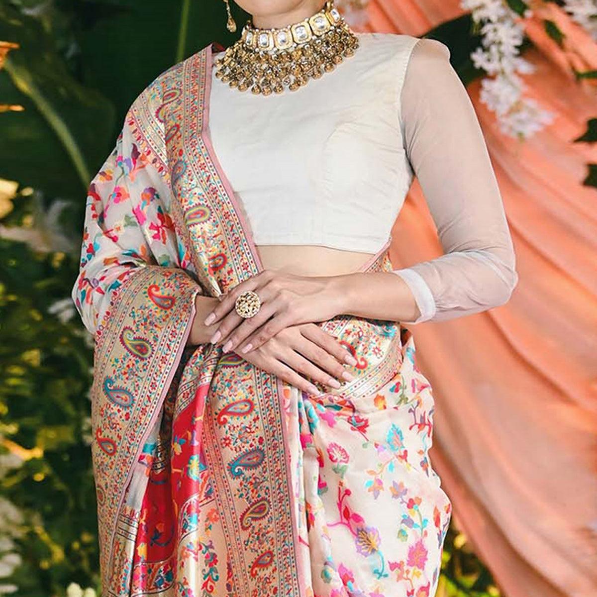 White Printed Cotton Silk Saree - Peachmode