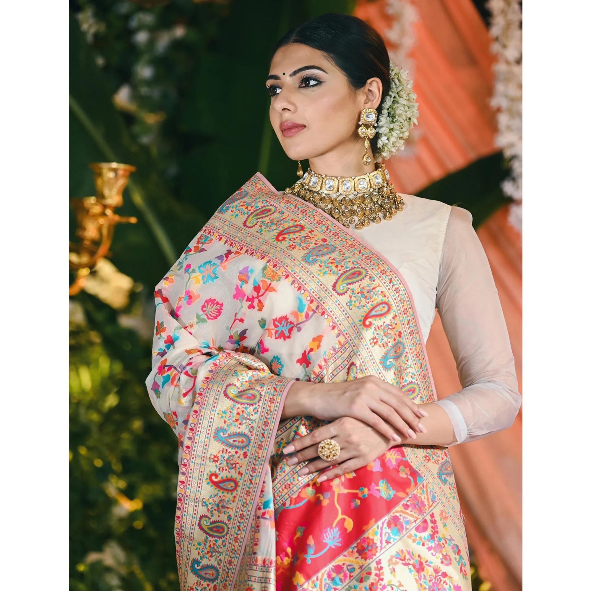 White Printed Cotton Silk Saree - Peachmode