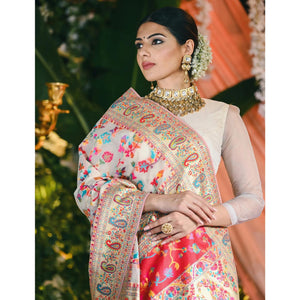 White Printed Cotton Silk Saree - Peachmode