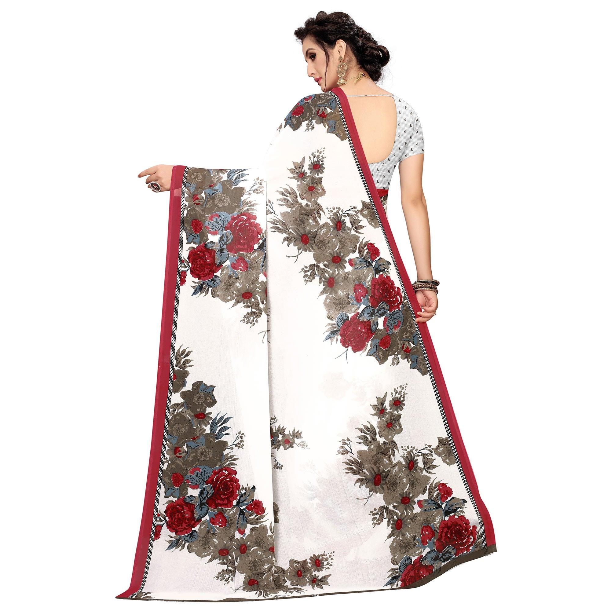 White Printed Georgette Saree - Peachmode